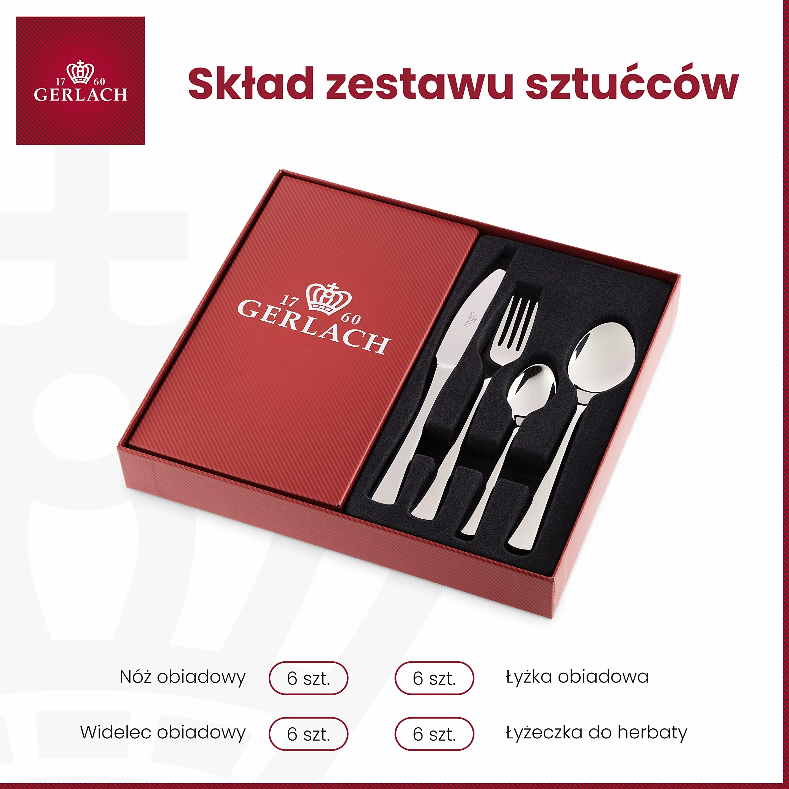Gerlach 1760 Zestaw Sztućców dla 6 Osób 24 Sztuki Stal Nierdzewna 18/10 Można Myć w Zmywarce