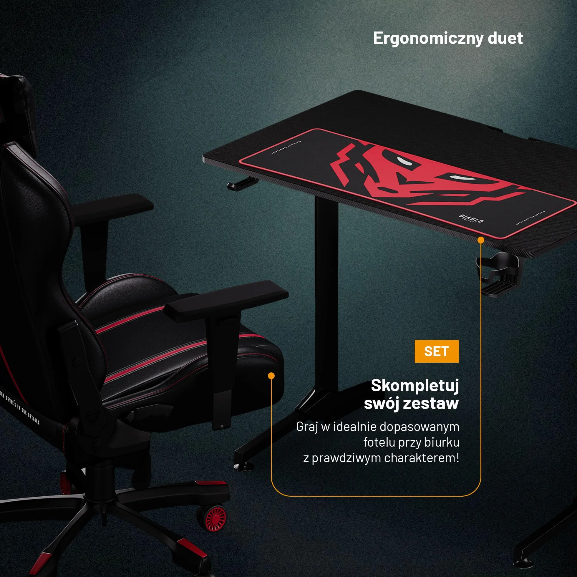 Diablo X-Mate Biurko Gamingowe Komputerowe Dla Gracza Podkładka Uchwyt Na Kubek i Słuchawki Otwory Na Przewody (100 x 75 x 60 cm)