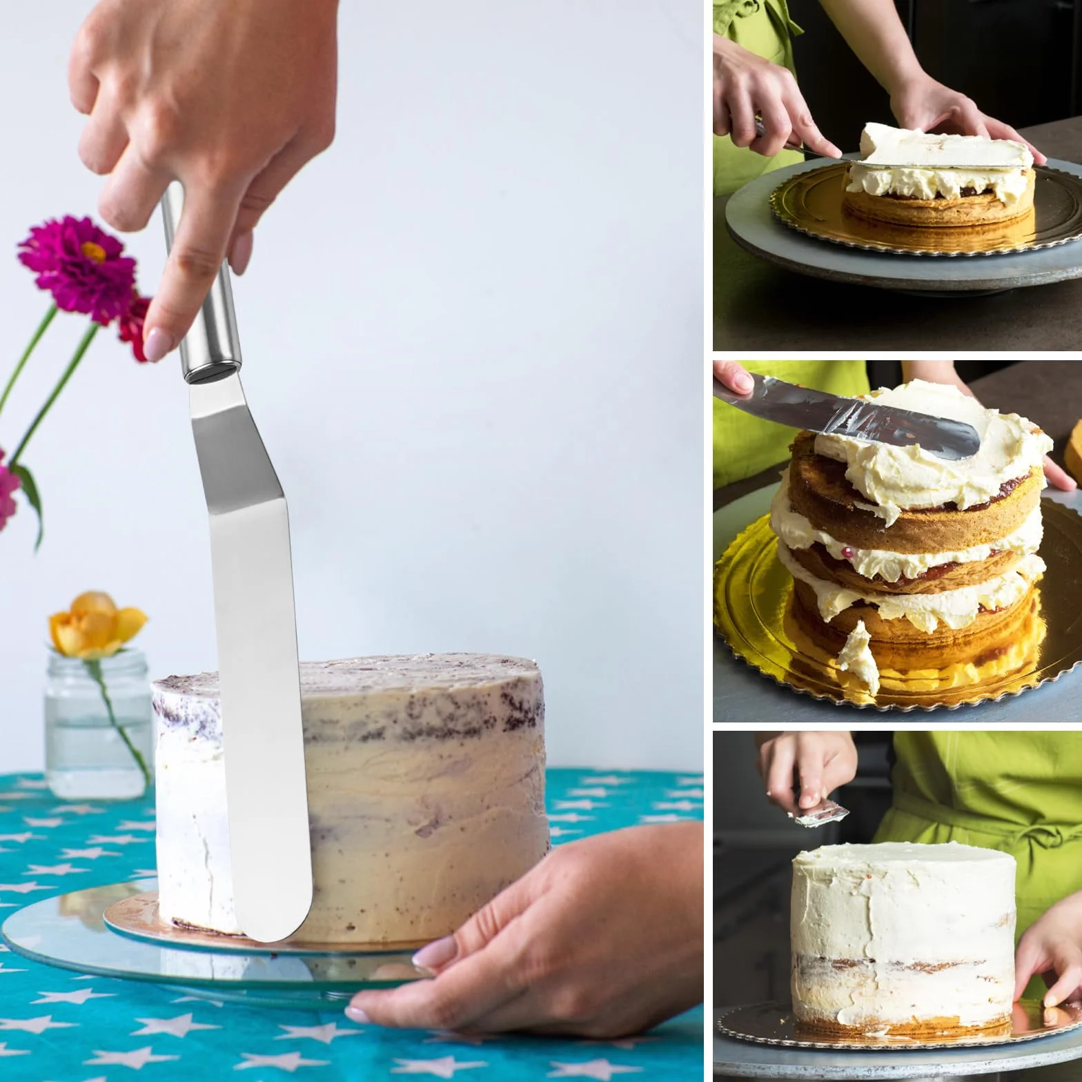 Paleta kątowa ze stali nierdzewnej, 2 sztuki, do tortów ze szpatułką, nóż do ciasta, nóż do tortów, nóż do tortów, szpatułka ze stali szlachetnej do rozprowadzania śmietany, pieczenia ciast (kolor