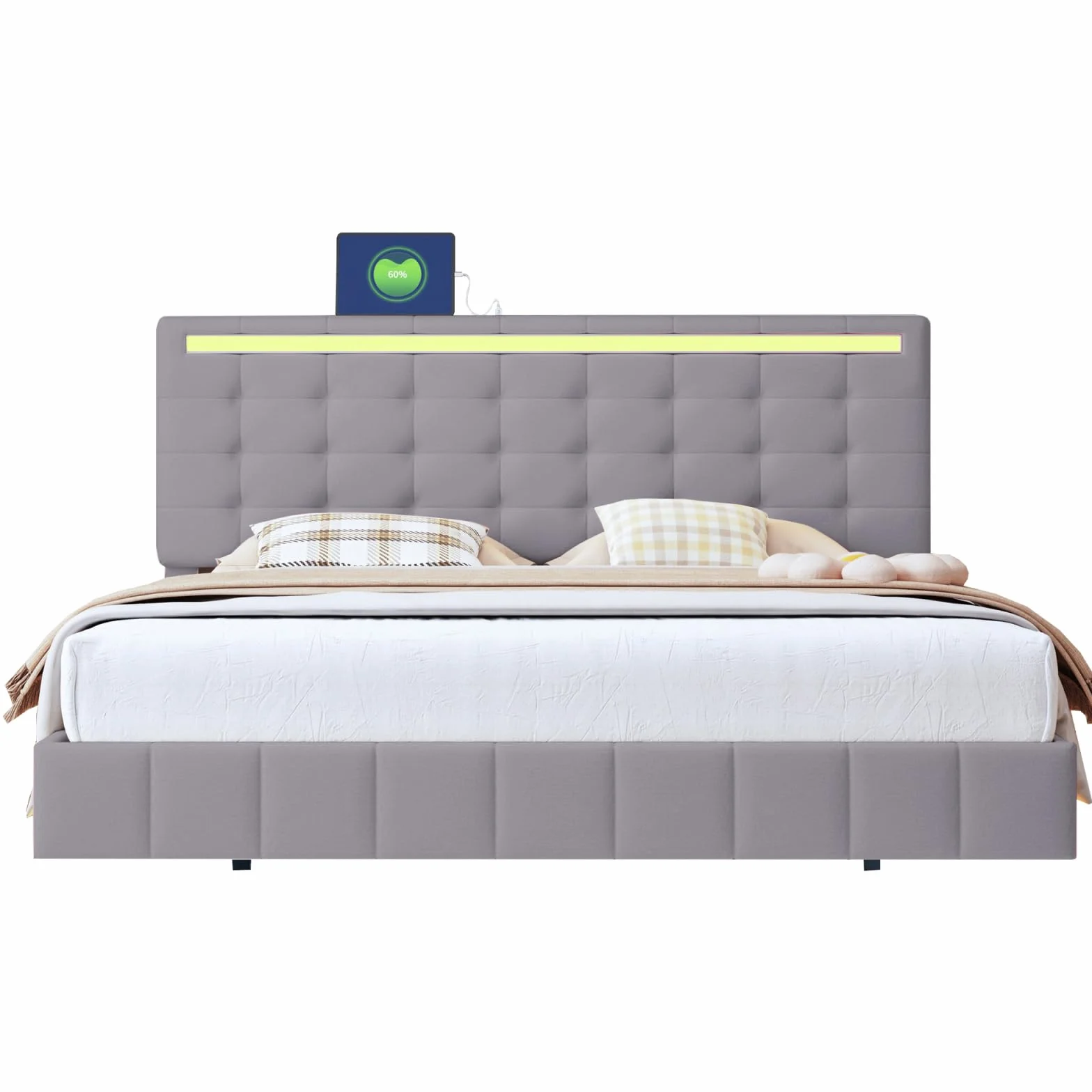Łóżko tapicerowane 160x200 cm z oświetleniem LED i USB, szare