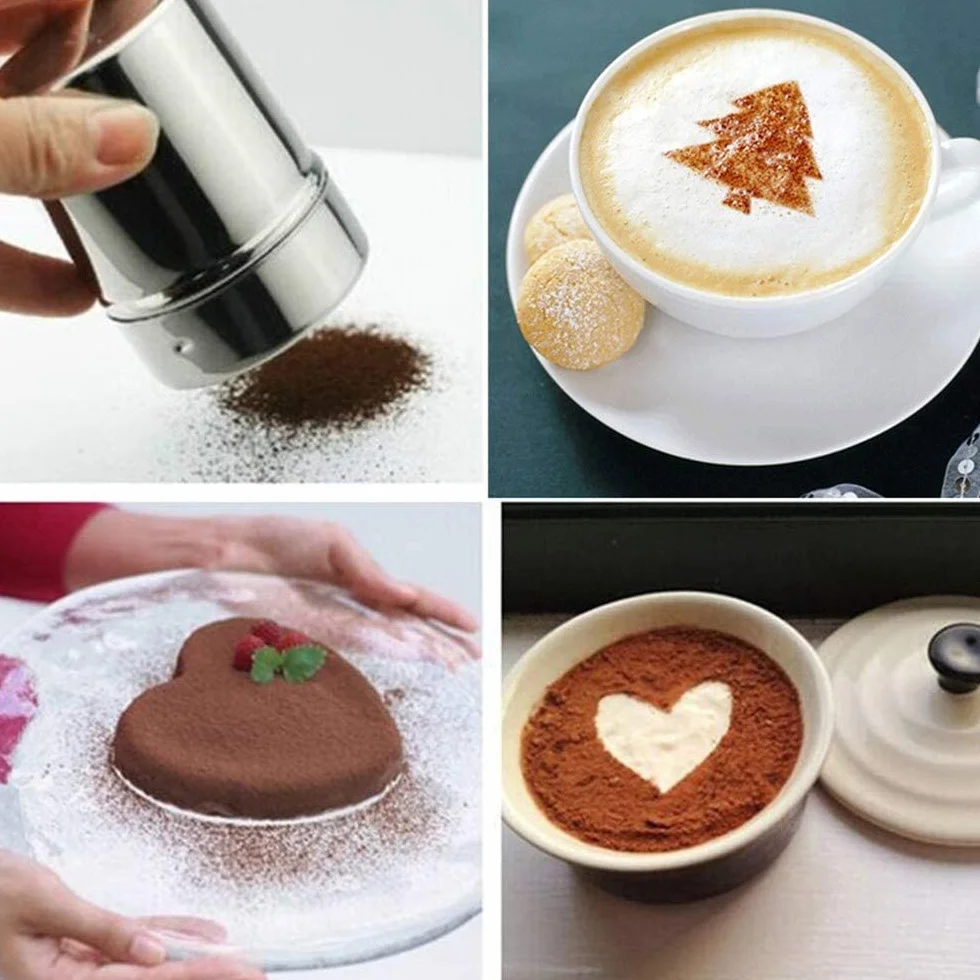 Solniczka do kakao ze stali nierdzewnej 304, 2 sztuki, z pokrywką, z 16 szablonami do kawy, cappuccino, łyżka do mieszania ze stali nierdzewnej