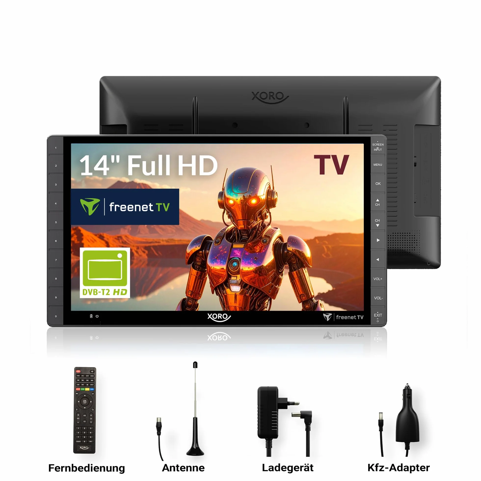 Xoro PTL 1450 V2 przenośny telewizor DVB-T/T2 35,5 cm (14 cali) (freenet TV do stacji prywatnych, ładowarka samochodowa 12-24 V, wbudowany akumulator, HDMI IN, antena), szary