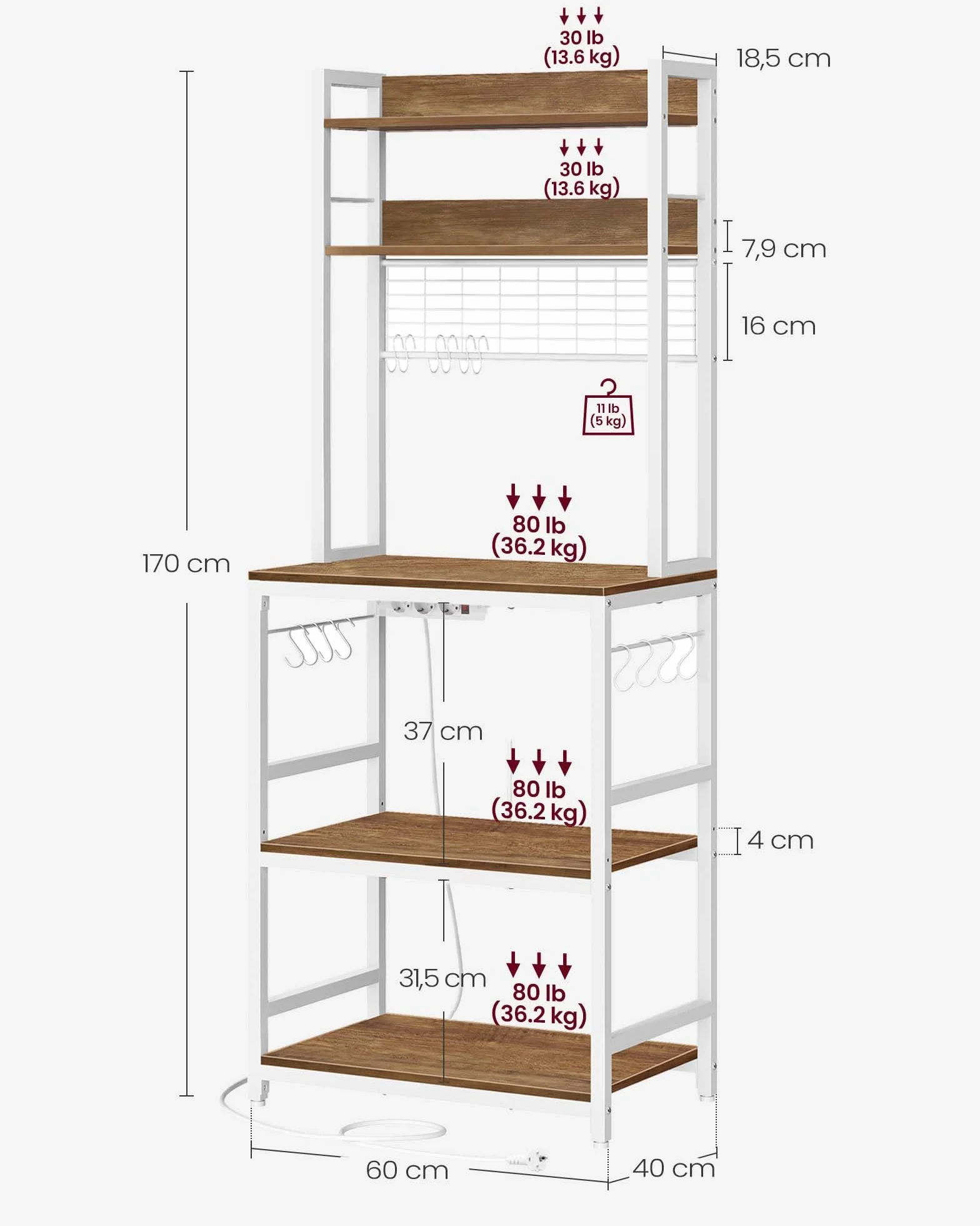 VASAGLE Półka kuchenna z listwą 40 x 60 x 170 cm jasny orzech laskowy i biały KKS037W41EU