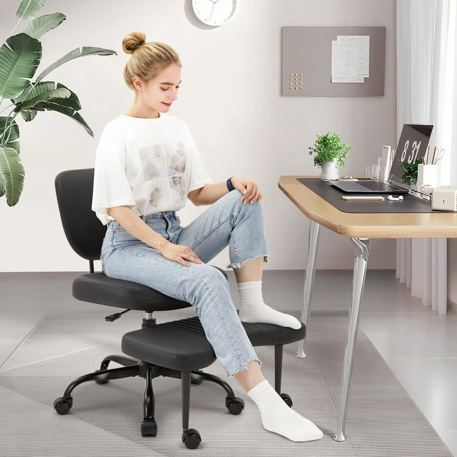 IWMH Krzesło biurowe z kością krzyżową z kółkami, ADHD dla dorosłych, krzesło do medytacji, z regulacją wysokości, szerokie krzesło Criss Cross z podparciem okolic lędźwiowych, krzesło kolanowe