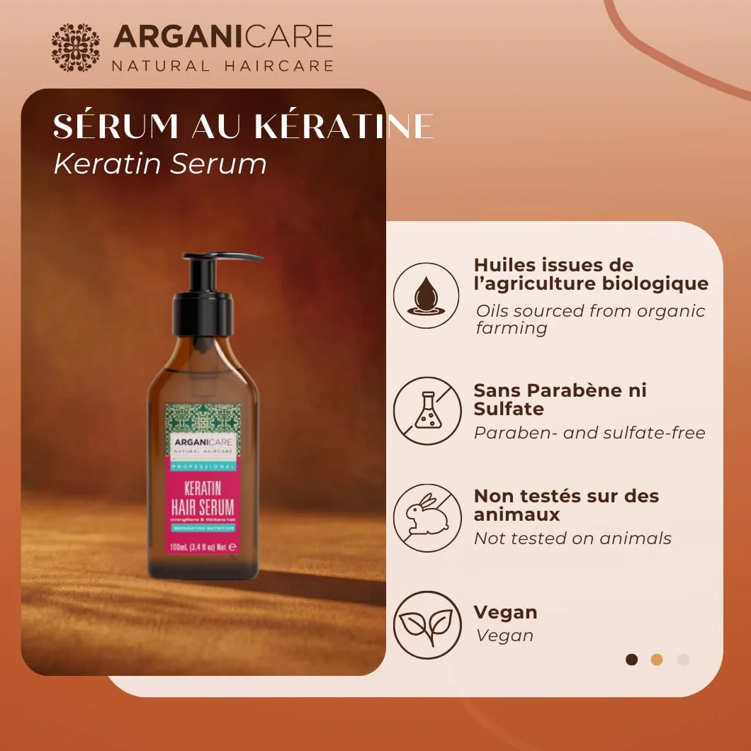 Arganicare | Seria keratynowa | SERUM REPARATACYJNE I ODŻYWCZE | Z organiczną keratyną | Wzmacnia i Chroni | Nie puszące się | Wysokie nawilżenie | Włosy suche i zniszczone | 100 ml
