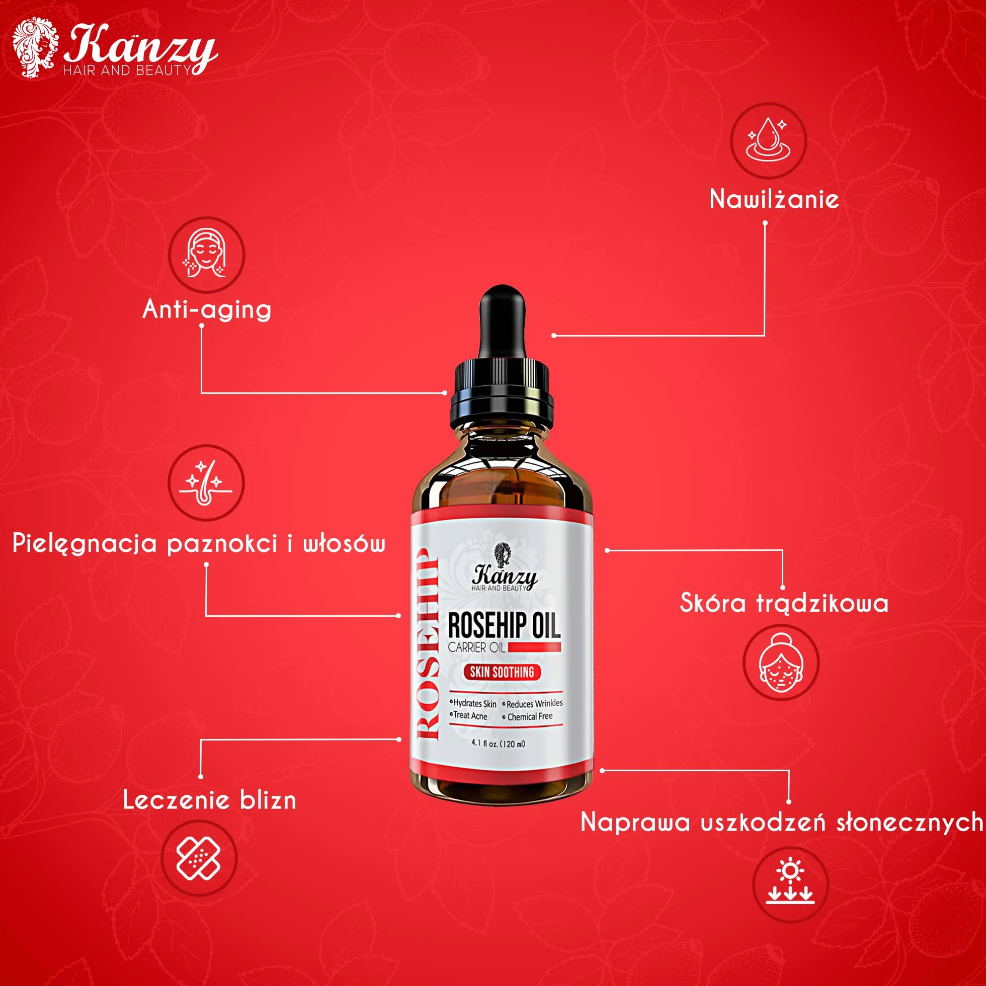 Kanzy Olejek Z Dzikiej Róży, Tłoczony Na Zimno, 100% Czysty 120 ml Rosehip Oil Do Skóry Paznokci Olejek Do Twarzy Ciała Wegański Wolny Od Heksanu, Naturalny Rosehip Seed Oil