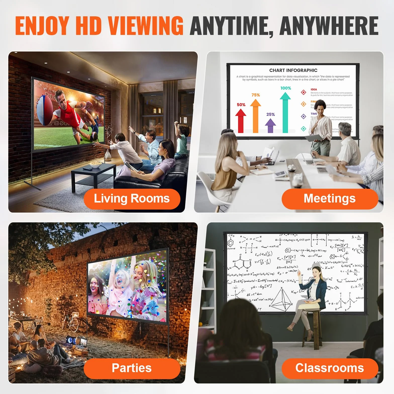 VEVOR Ekran projektora ze stojakiem, 304.8 cm 16:9 4K 1080 HD, zewnętrzny ekran filmowy ze stojakiem, bez zagnieceń, ekran projekcyjny z nóżkami barowymi i torbą do przenoszenia, do kina domowego, na