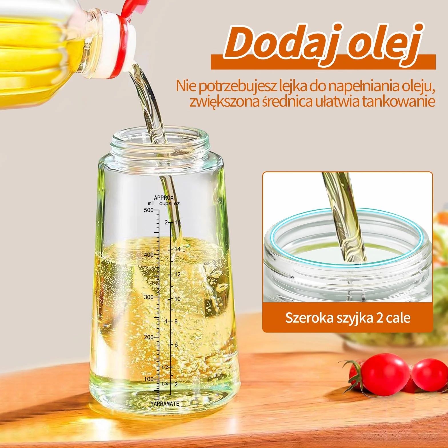 YARRAMATE Butelka dozująca oliwy z oliwek 2 w 1 rozpylacz oleju 18 oz 550 ml szklana Czarna