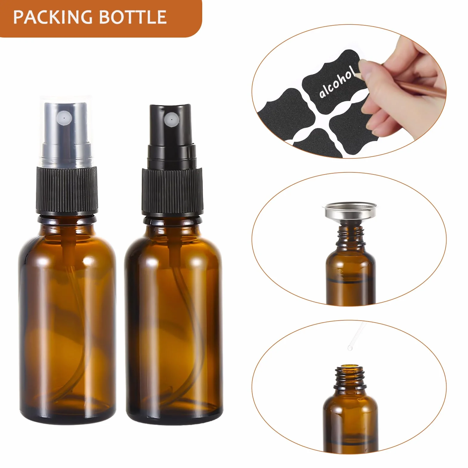 30 ml butelki z rozpylaczem ze szkła bursztynowego, mała, pusta, drobna mgiełka, do wielokrotnego napełniania, do czyszczenia, perfum, aromaterapii, sprayów kosmetycznych, włosów, olejków