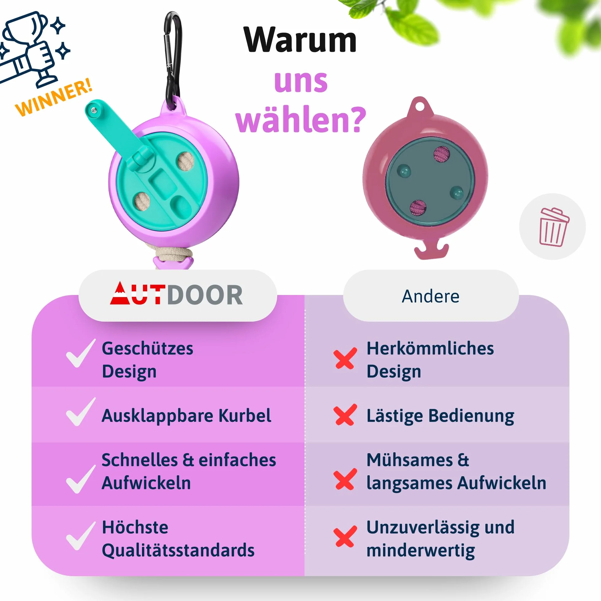 AUTDOOR® Rozsuwana linka do suszenia prania – z rozkładaną korbą ręczną do łatwego zwijania – wytrzymała linka podróżna 10 m na kemping, do kampera i na balkon (pastelowy retro)