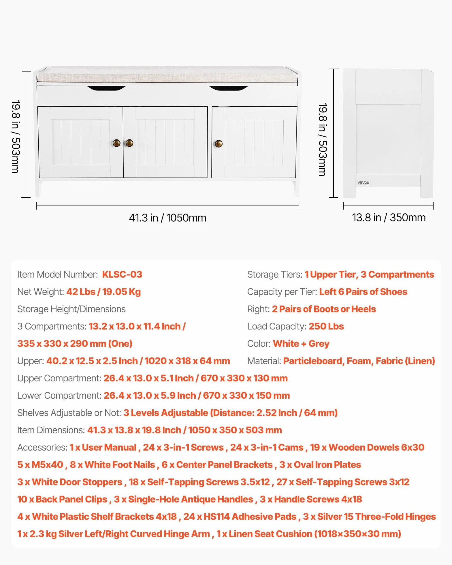 VEVOR Ławka na buty 105 x 35 x 50,3 cm, ławka wejściowa z 3 szafkami, półka z regulacją wysokości, organizer na podnoszoną tacę, poduszka do siedzenia, 113,4 kg, do sypialni, korytarza, biała i szara