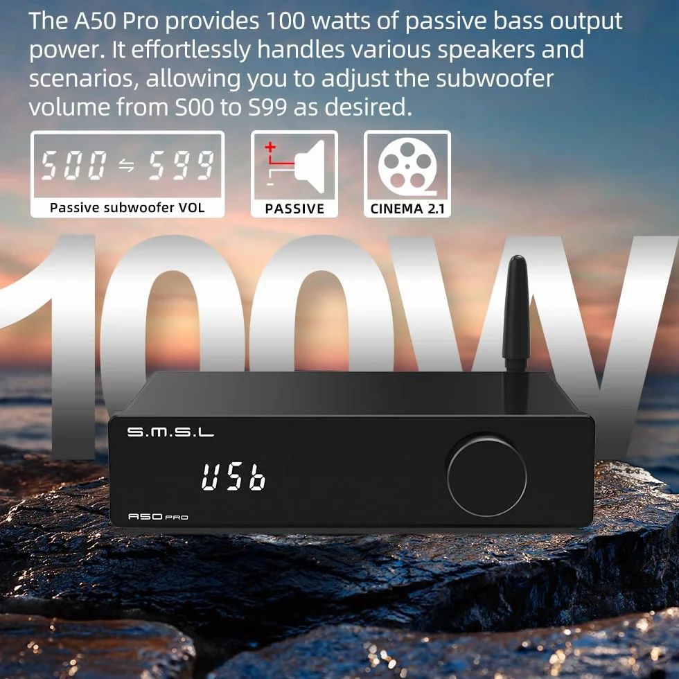 S.M.S.L A50PRO Wzmacniacz mocy HiFi, filtr górno-/dolnoprzepustowy 2.1-kanałowy, układ MA12070P Infineon, wejście Bluetooth 5.0/USB/HDMI/AUX, pasywny subwoofer z regulacją głośności (A50 PRO)
