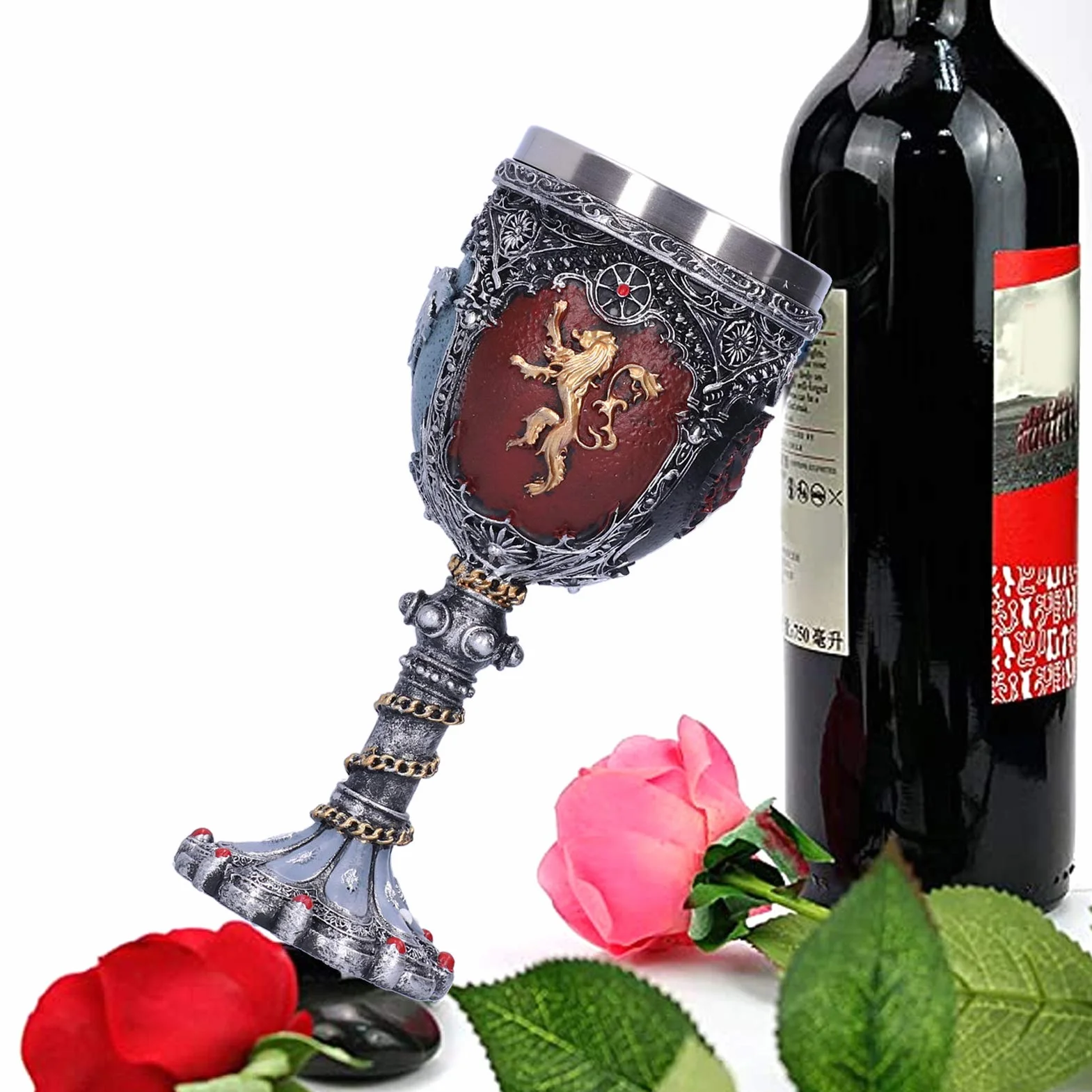 Średniowieczny kieliszek do wina w stylu vintage, ze stali nierdzewnej i żywicy, metalowy kieliszek do wina, relief, dekoracja na imprezę, do domu, baru