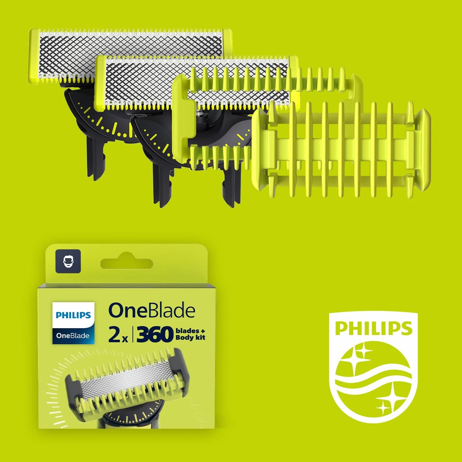 Philips OneBlade 2 ostrza Original 360 z zestawem do ciała, do wszystkich modeli OneBlade i OneBlade Pro (model QP624/50)