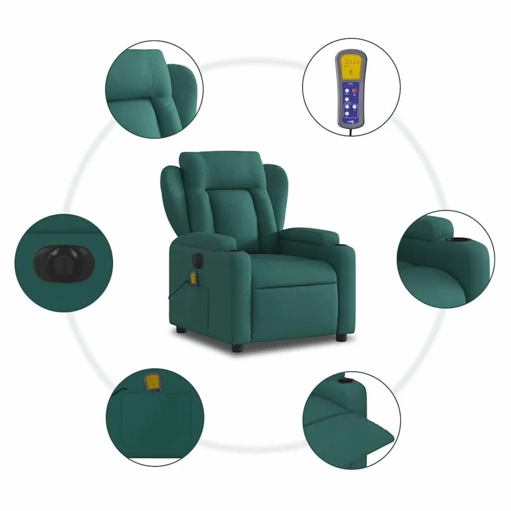vidaXL Rozkładany fotel masujący, elektryczny, ciemnozielony, tkanina