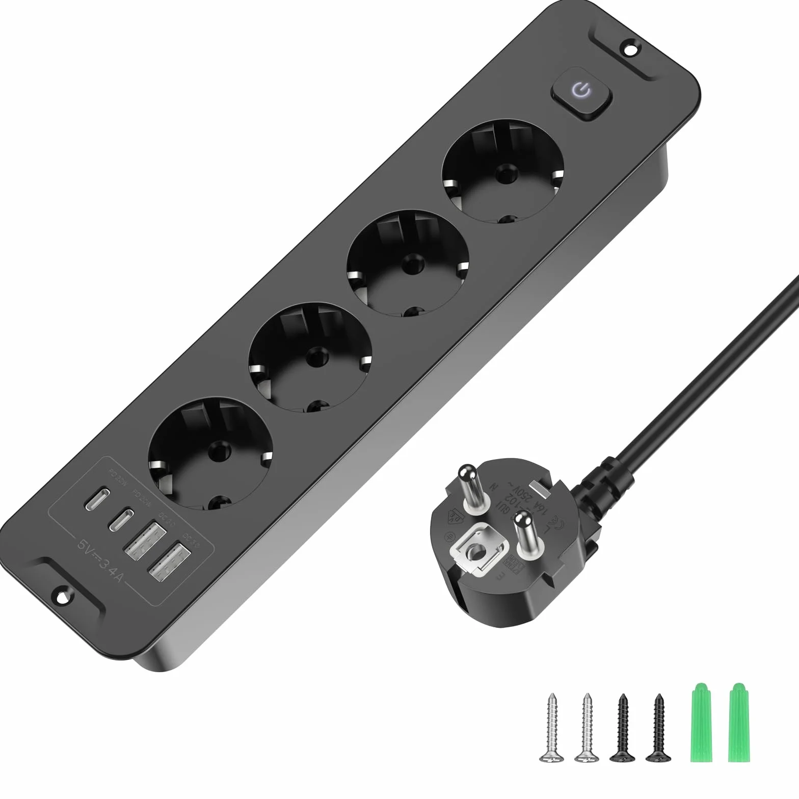 Listwa zasilająca stołowa z 4 gniazdami wtykowymi z 2 portami USB i 2 typami C, wpuszczane gniazdko z kablem 2 m, 250 V/16 A, do mebli lub powierzchni roboczych, czarna