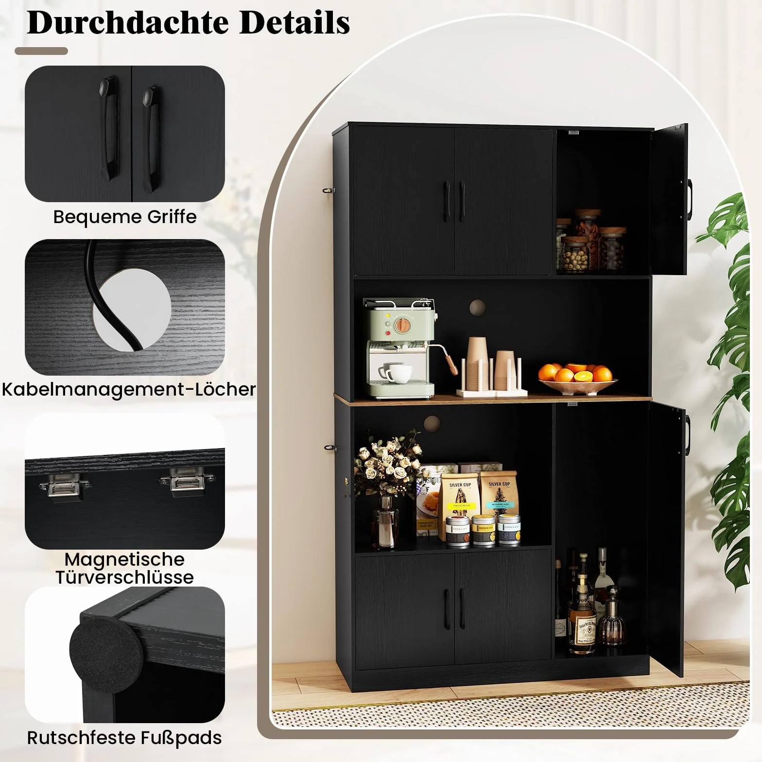 COSTWAY Drewniana szafka kuchenna z gniazdkiem, wysoka 100x40x180 cm czarna