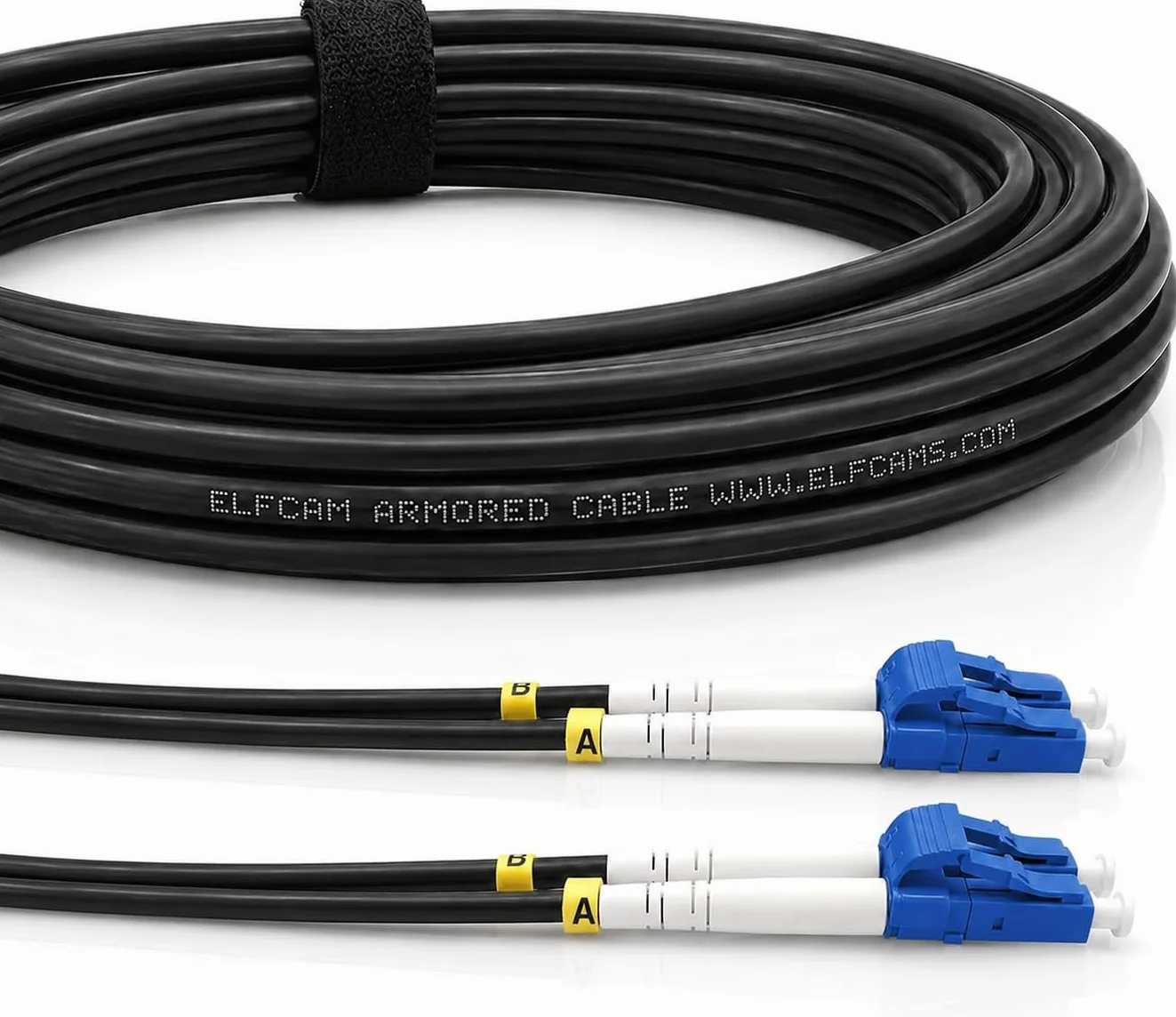 Elfcam® - Stalowy kabel światłowodowy ekranowany na zewnątrz i wewnątrz LC/UPC do LC/UPC OS2 Duplex Pojedynczy 9/125μm LSZH, czarny (100M)