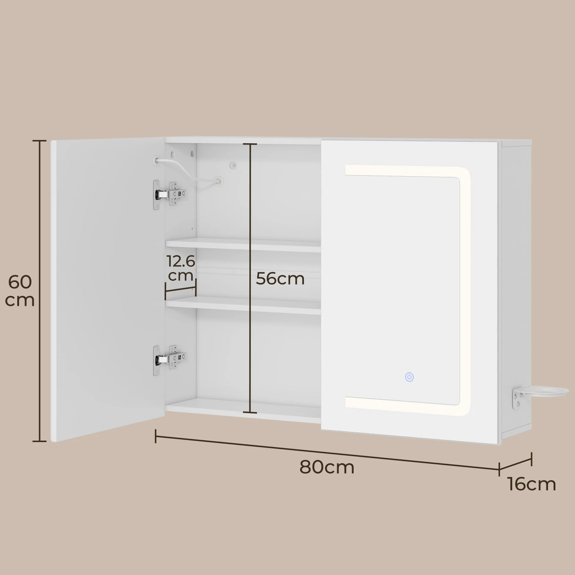 70cm Szafka łazienkowa z lustrem LED ściemnialna dotykowa z gniazdkiem MDF 80cm
