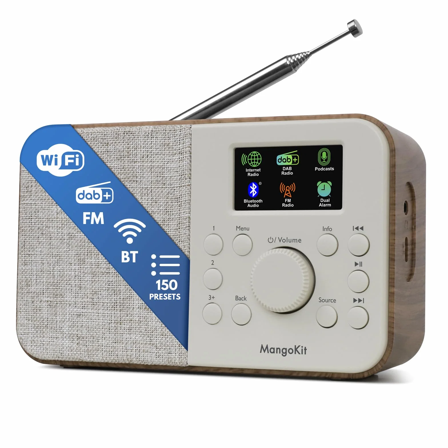 SR-L Przenośne radio DAB z Bluetooth 5.3-DAB+, radio FM i internetowe z Wi-Fi, podcastami, 150 ustawieniami, radio z budzikiem, radio kuchenne z kolorowym wyświetlaczem, zasilanie sieciowe