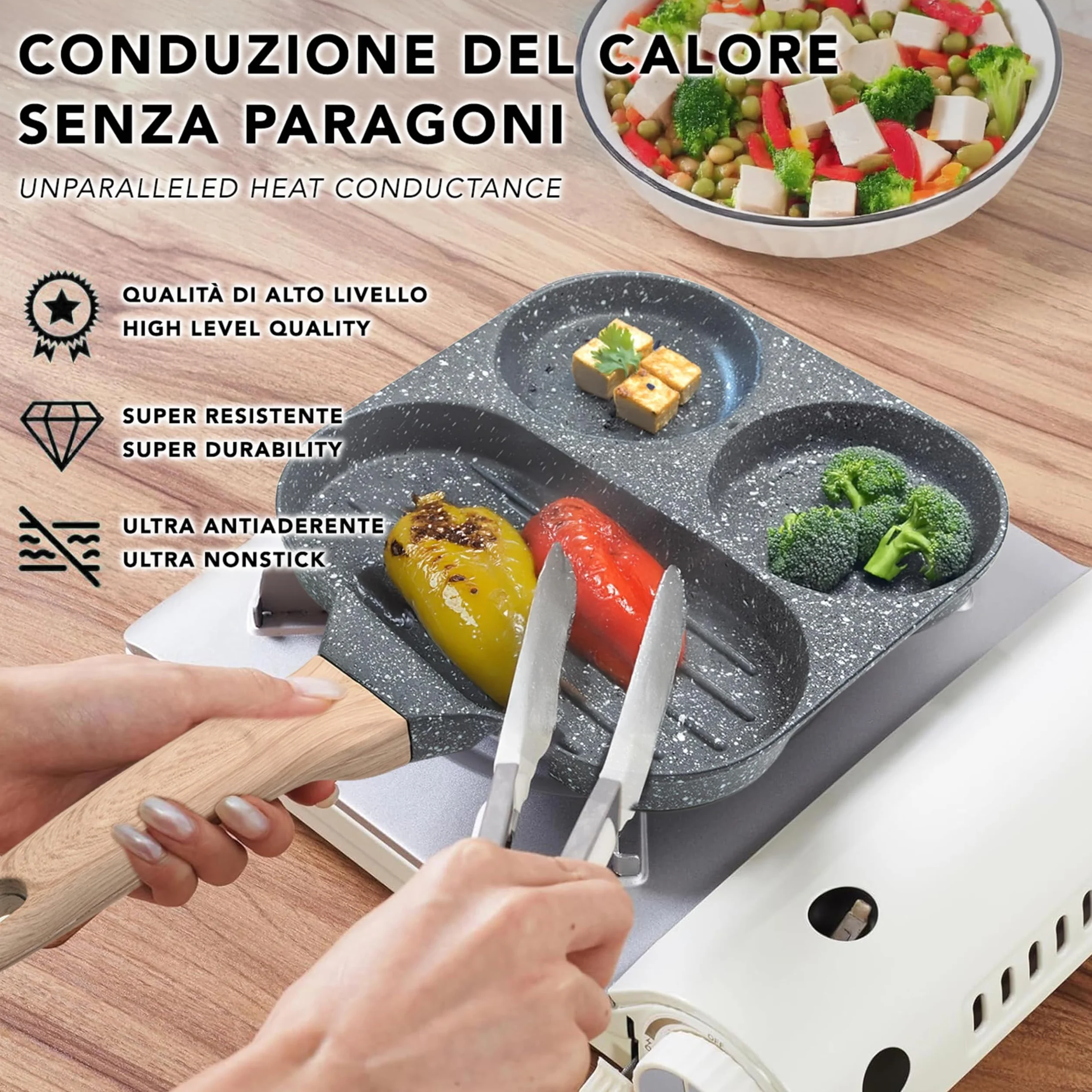 IPEA Nieprzywierająca patelnia do naleśników do indukcji i gazu – 21 cm, aluminiowa patelnia antyadhezyjna, do omletów, naleśników, jaj, hamburgerów, patelni z 4 formami - Super wygodny uchwyt