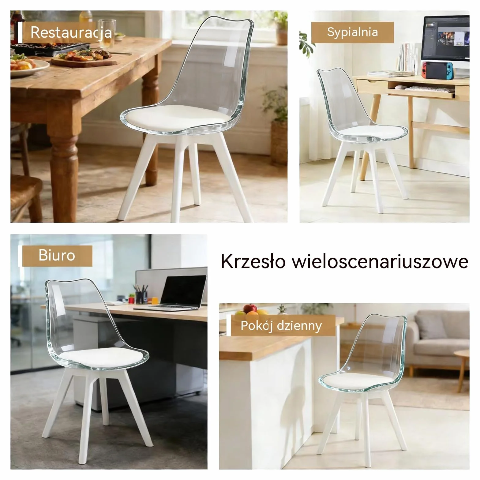 Nowoczesne Krzesła Jadalniane Zestaw 2 Sztuk, Tapicerowane z Zakrzywionym Oparciem, Przezroczysty Biały