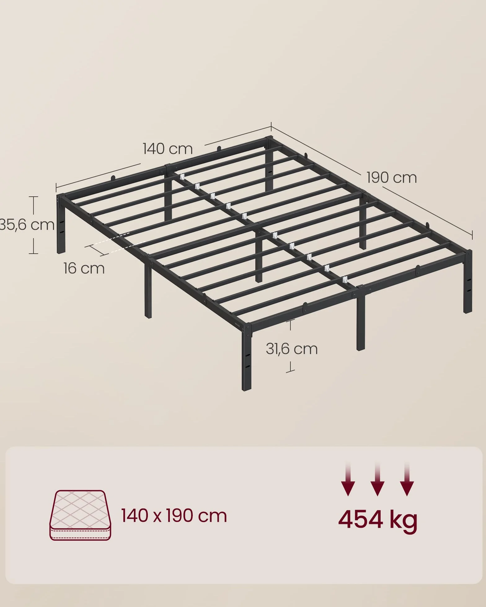 VASAGLE Rama łóżka 140 x 190 metalowa stelaż schowek pod spodem czarny RMB133B01