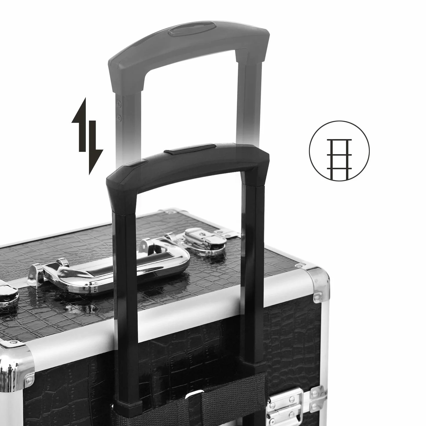 SONGMICS Aluminiowa walizka na kółkach, walizka fryzjerska, kuferek na kosmetyki bez zawartości, bagaż podręczny, Beauty Case, 4 w 1, XXL, czarna JHZ06B