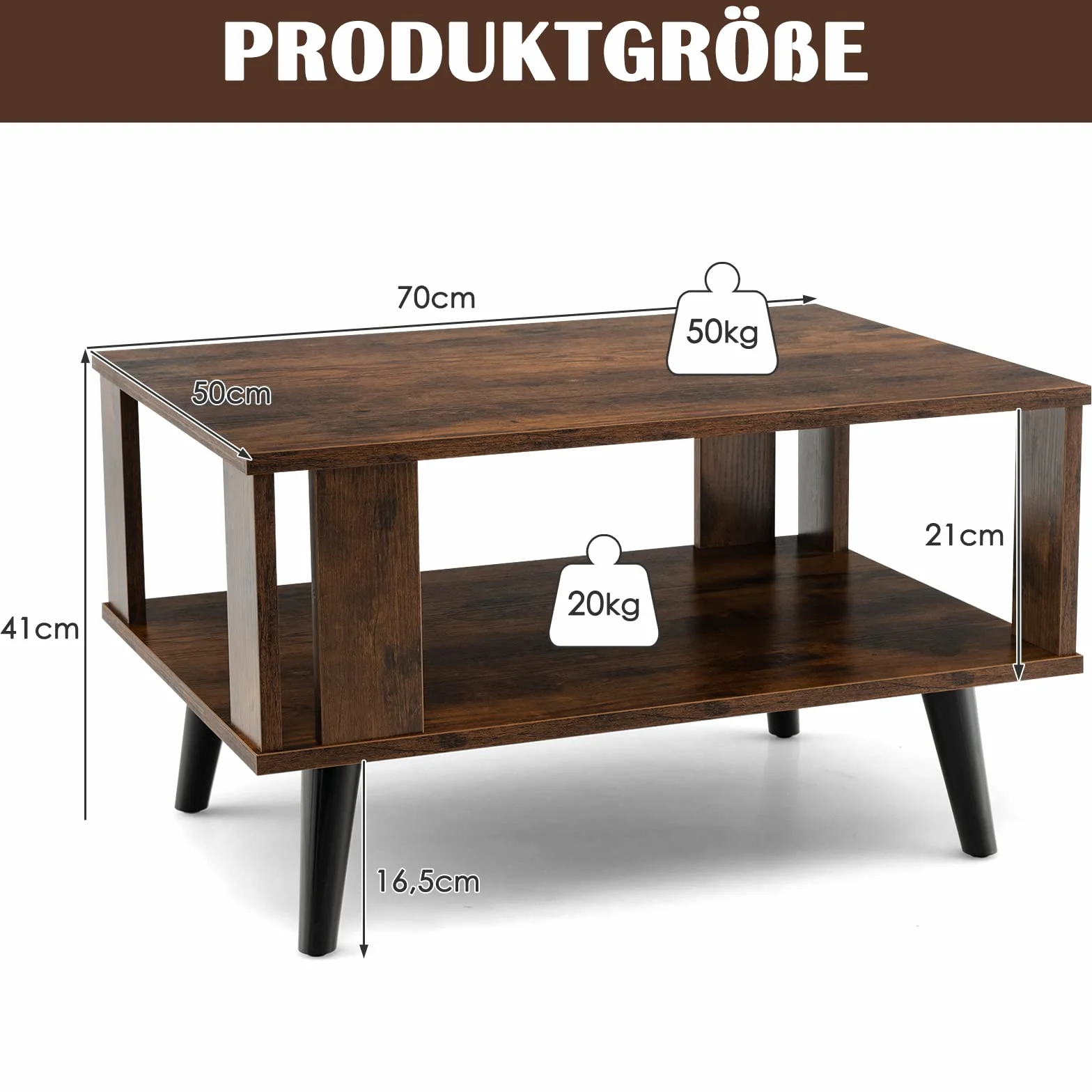 COSTWAY Stolik kawowy 2 poziomy industrialny prostokątny 70 x 50 x 41 cm