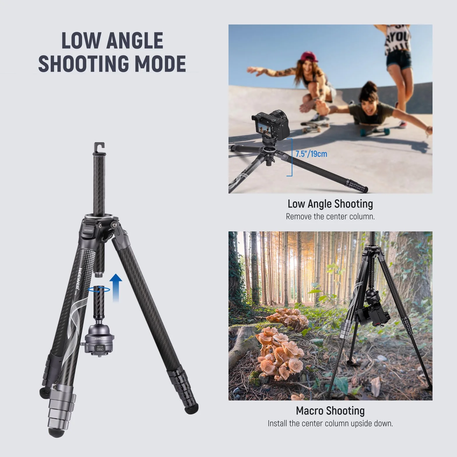 NEEWER LITETRIP LT32 157.5 cm statyw podróżny z włókna węglowego z poziomowaniem ±15°, głowica panoramiczna 360°, odłączana oś środkowa, klamra szybkiego otwierania, płyta Arca QR kompatybilna z Peak