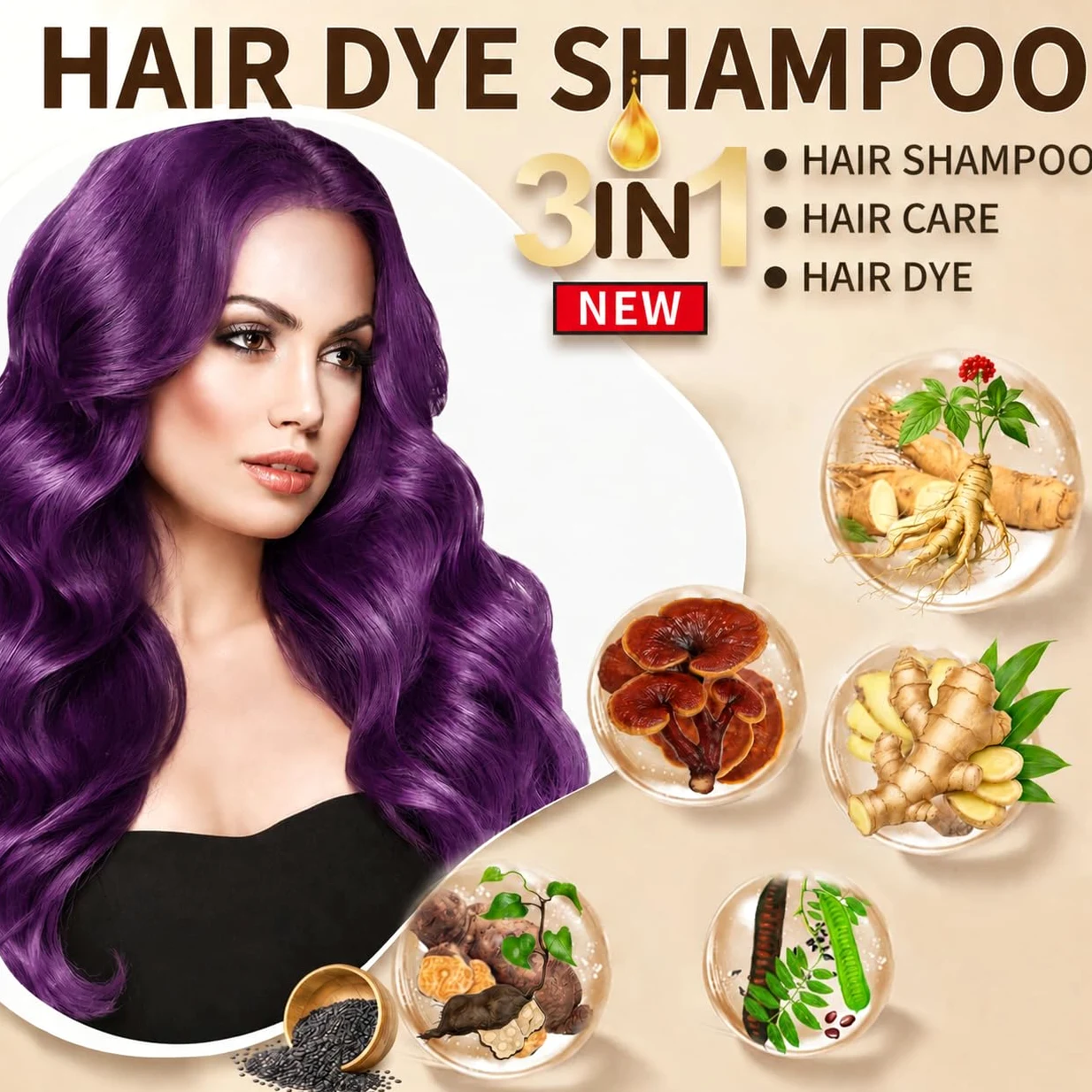 Purple Hair Dye Shampoo 3 w 1, szampon do farbowania włosów, fioletowy do siwych włosów, natychmiastowy szampon do farbowania włosów, dla mężczyzn i kobiet (500 ml)