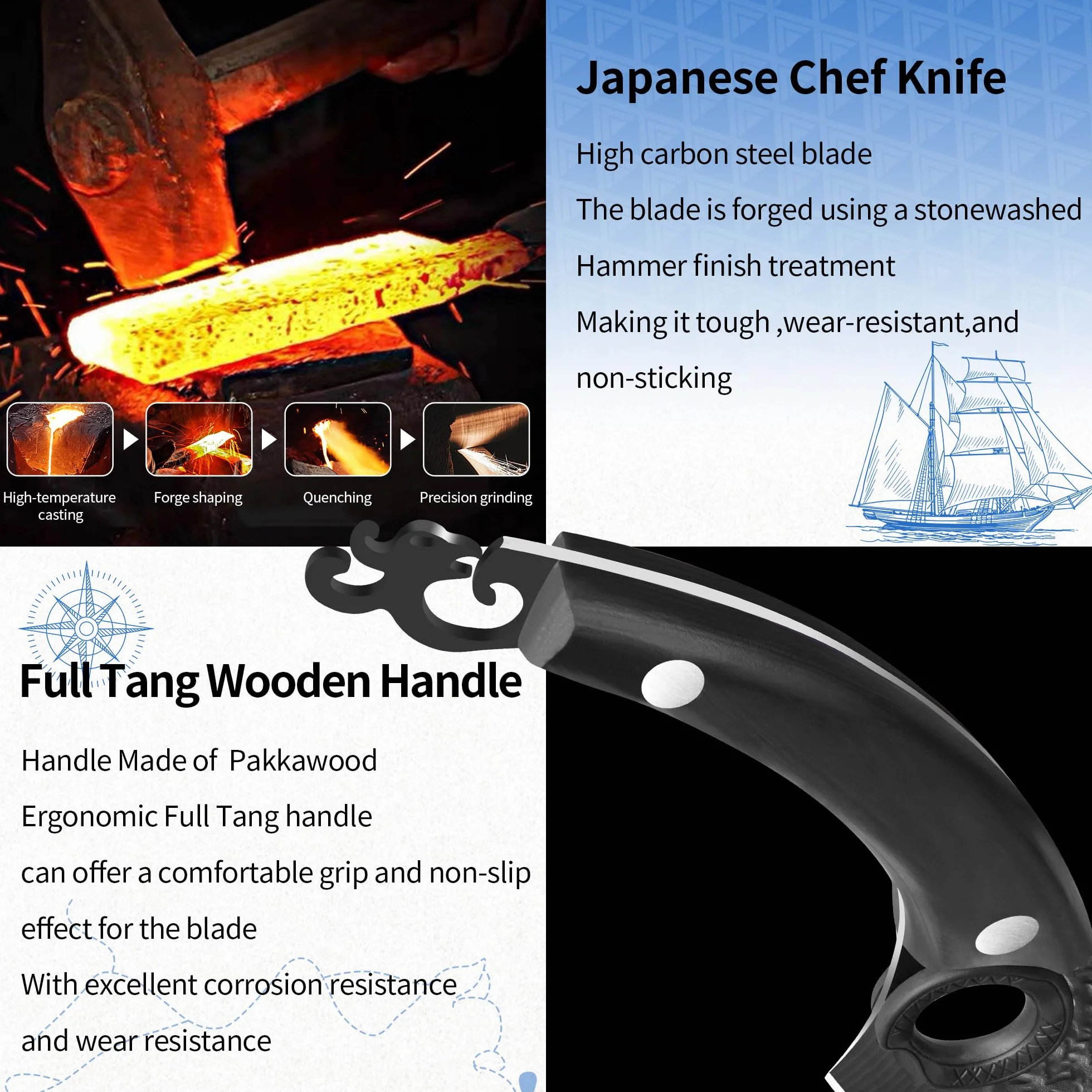 Forged Boning Knife 6 Inch, High Carbon Steel, Full Tang Wood Handle, Chef Knife with Sheath