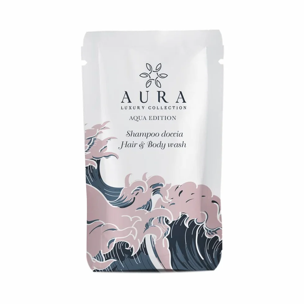 Aura Luxury Collection ® Aqua Edition Zestaw uprzejmości saszetka stand-up 20 ml delikatny szampon prysznic z ekstraktami organicznymi z białej pokrzywy dla hoteli i b&b air b&b czarter domy wakacyjne (330)