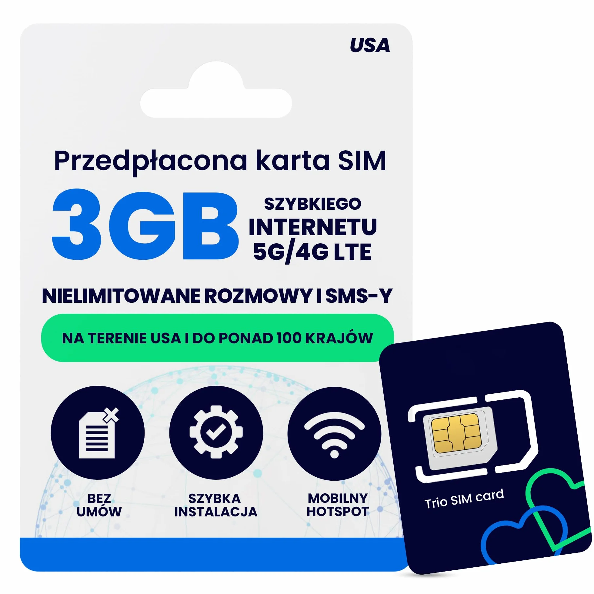 Lycamobile Przedpłacona Fizyczna Karta SIM USA na 30 Dni - 3GB Szybkiego Internetu 4G LTE/5G, Międzynarodowe Rozmowy i SMS-y do Ponad 100 Krajów, Szybka Aktywacja, Karta SIM do Telefonu w USA