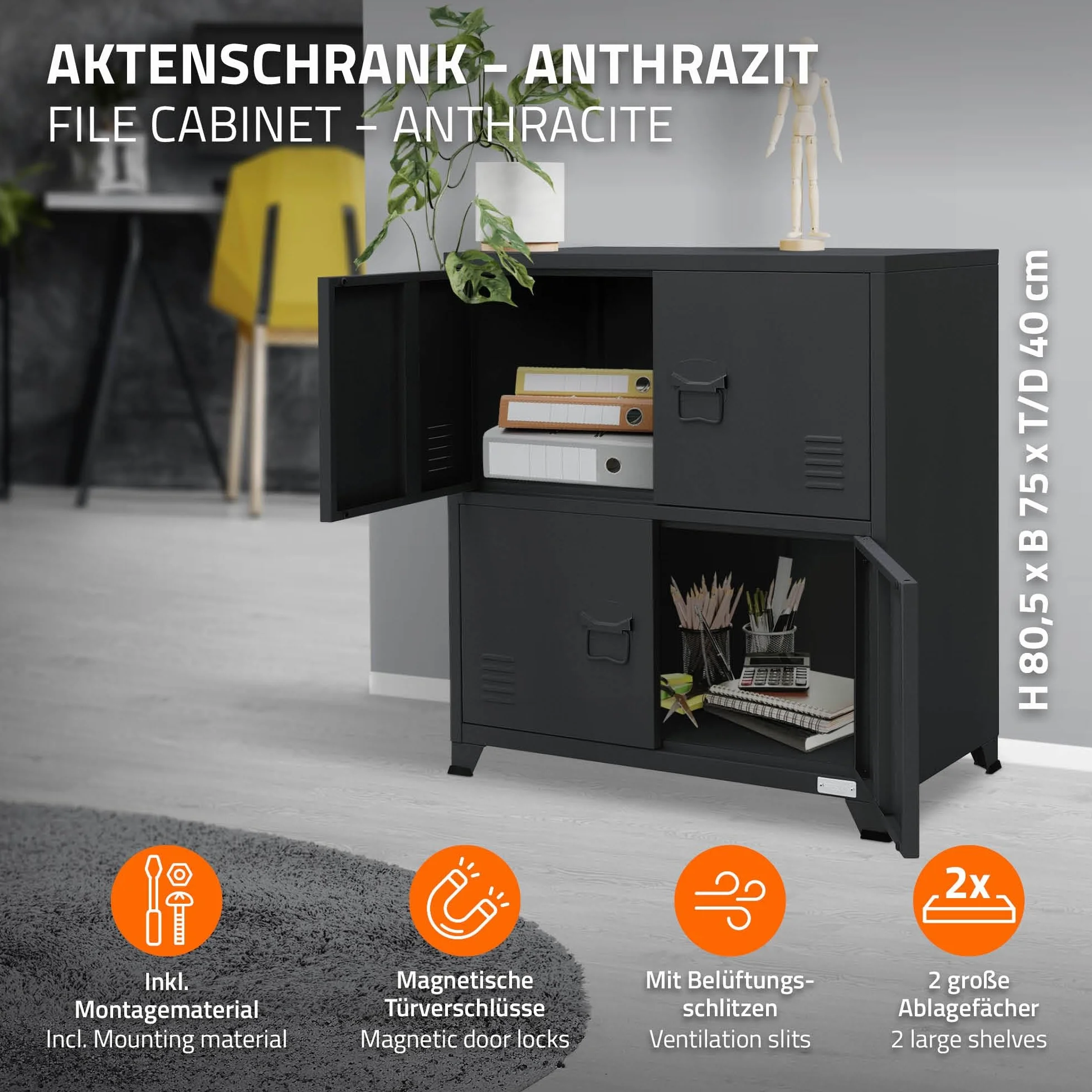 ML-Design szafka metalowa antracyt 75x40x80,5 cm 4 drzwi 2 przegrody wolnostojaca