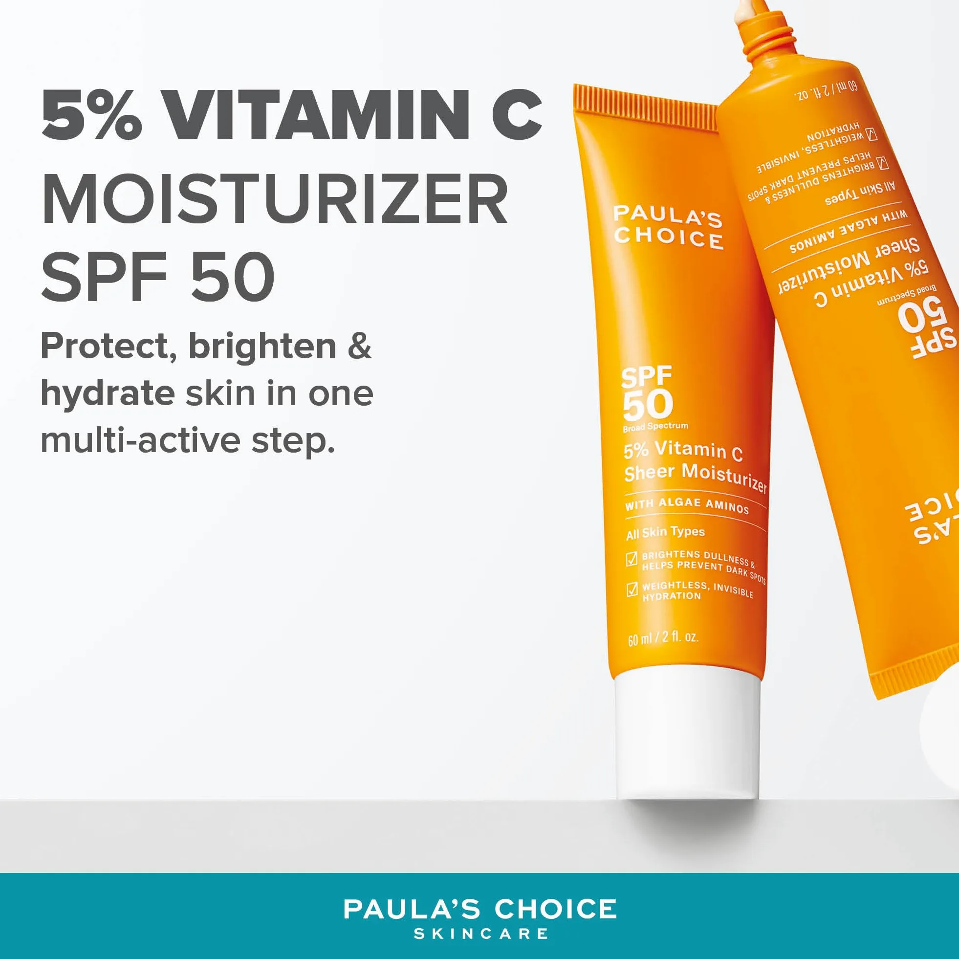 Paula's Choice 5% Witamin C Lotion Nawilżający SPF 50 - Krem Do Twarzy Na Dzień Nawilża i Rozjaśnia Skórę - Wieloaktywna Ochrona Przeciwsłoneczna - z Witaminy C - Wszystkie Rodzaje Skóry - 60 ml