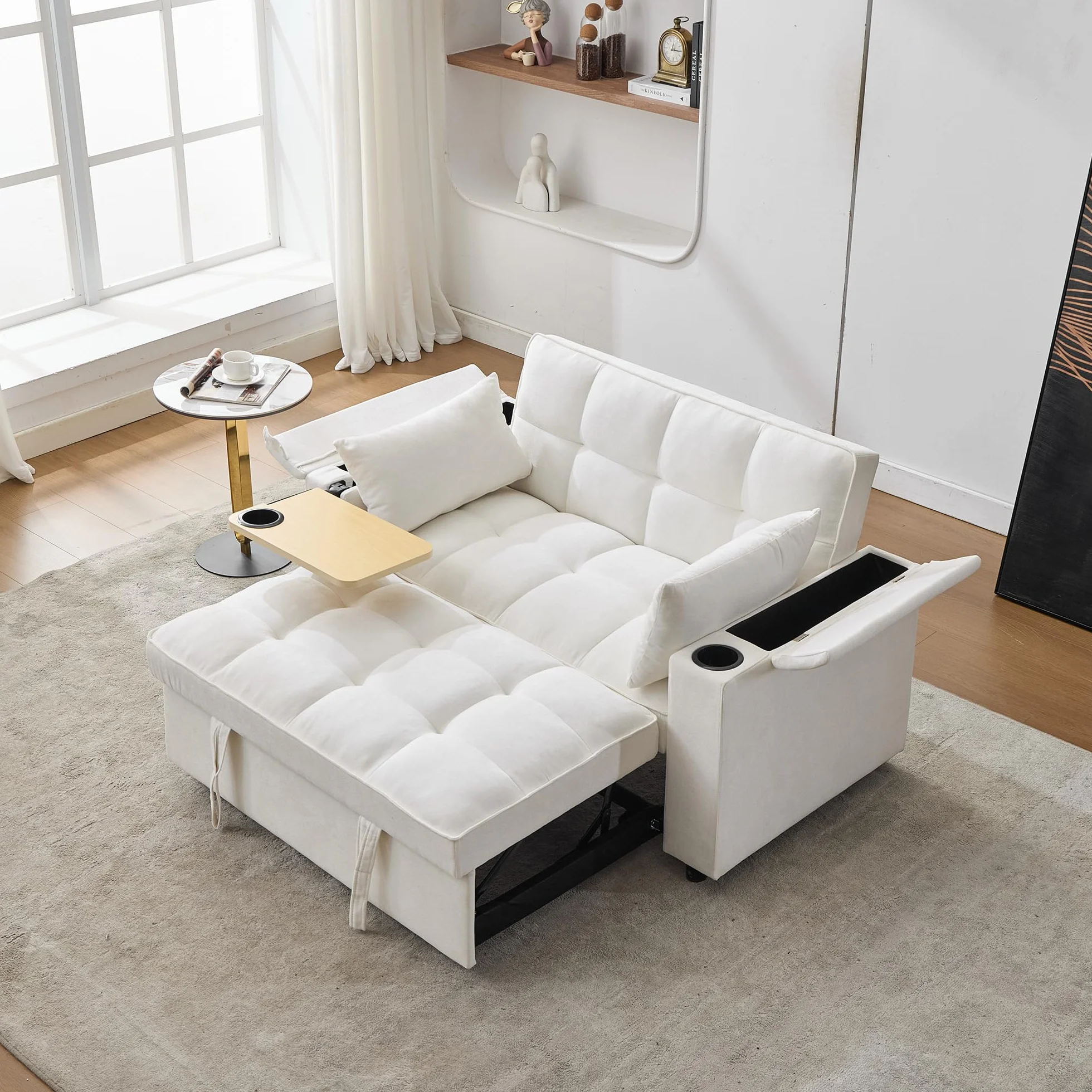 Sofa 2-osobowa z funkcją spania 140,5 x 74 x 82 cm rozkładana 3 w 1 regulowanym oparciem USB ukryty stół beżowa