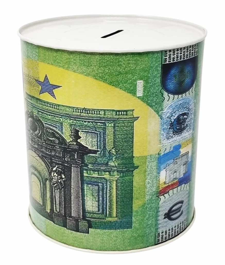 Designerski pojemnik na pieniądze 100 euro, metalowa puszka, nieotwierana, 15 x 14 cm