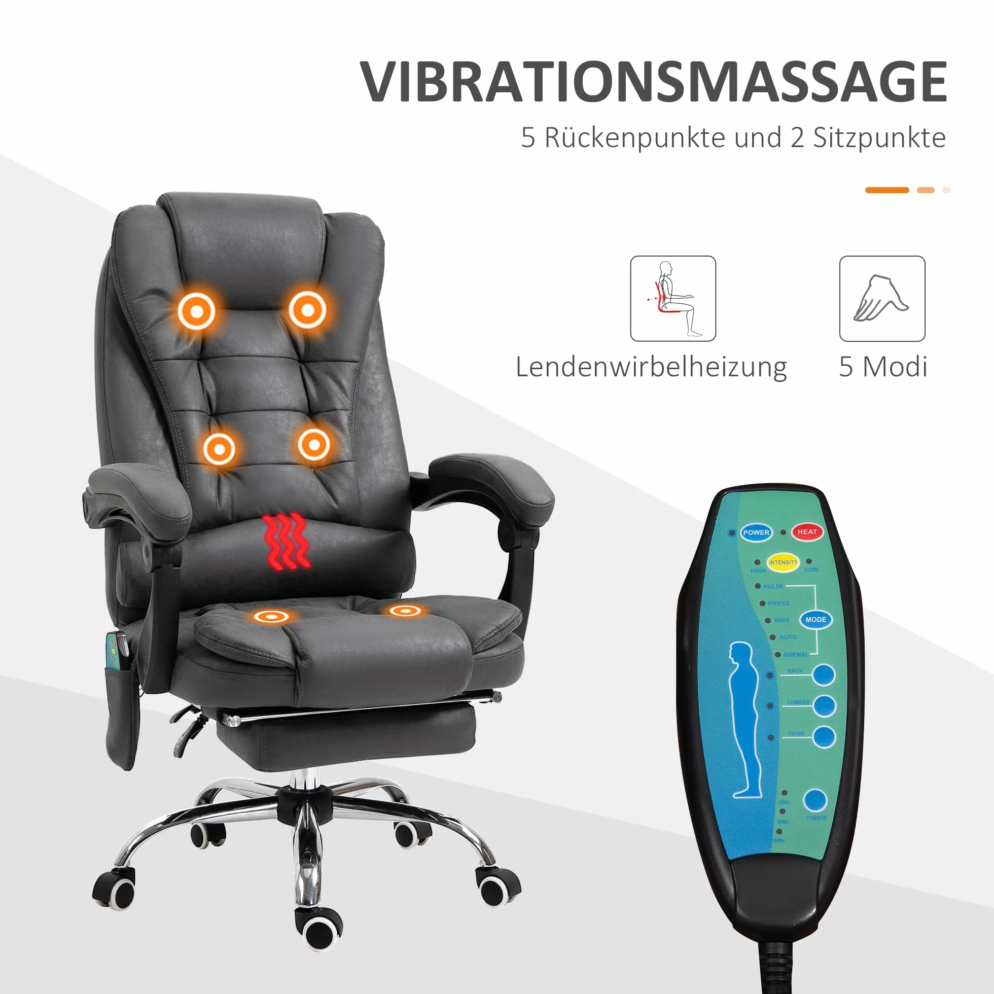 Vinsetto Ergonomiczne krzesło biurowe z masażem, ogrzewaniem, podnóżkiem, regulacja wysokości, szare