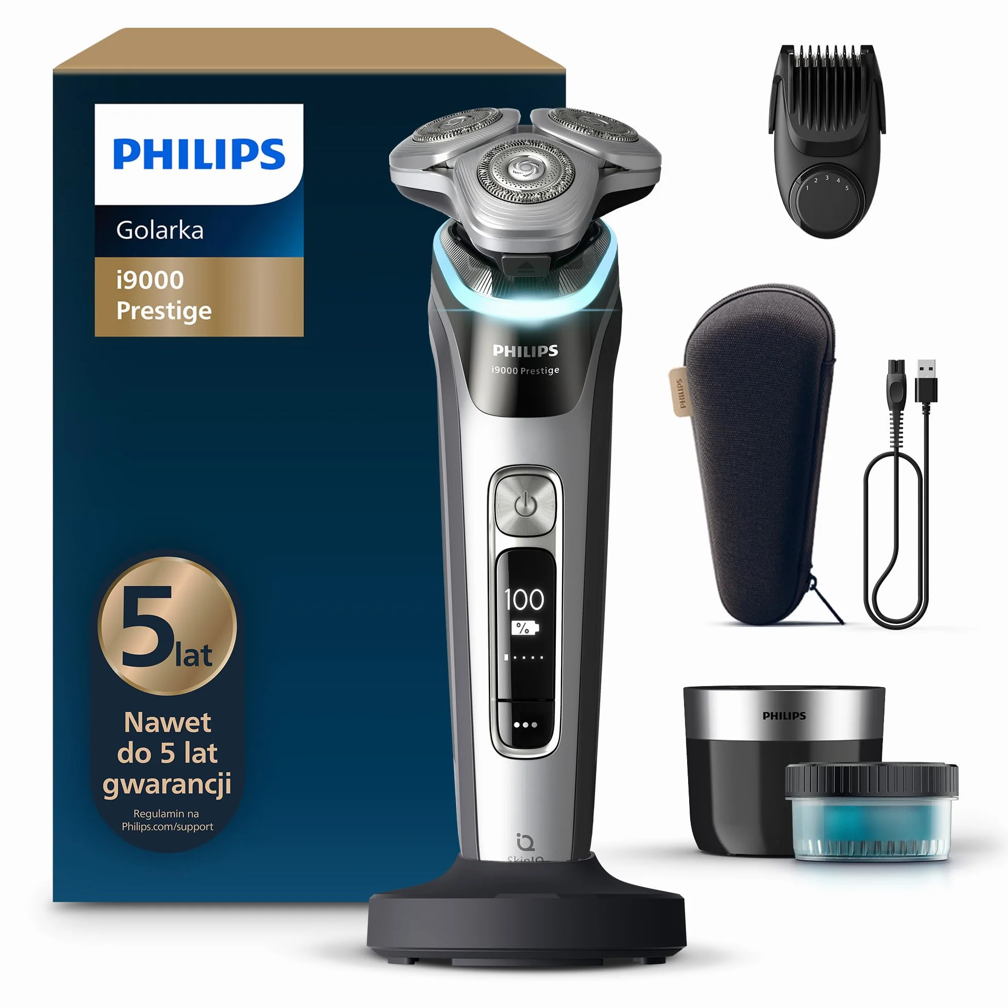 Philips Shaver i9000 Prestige, golarka elektryczna do golenia na sucho i mokro z technologią Skin IQ, System Triple Lift & Cut, podwójne ostrza SteelPrecision 360º, stylizator brody, Model XP9204/33