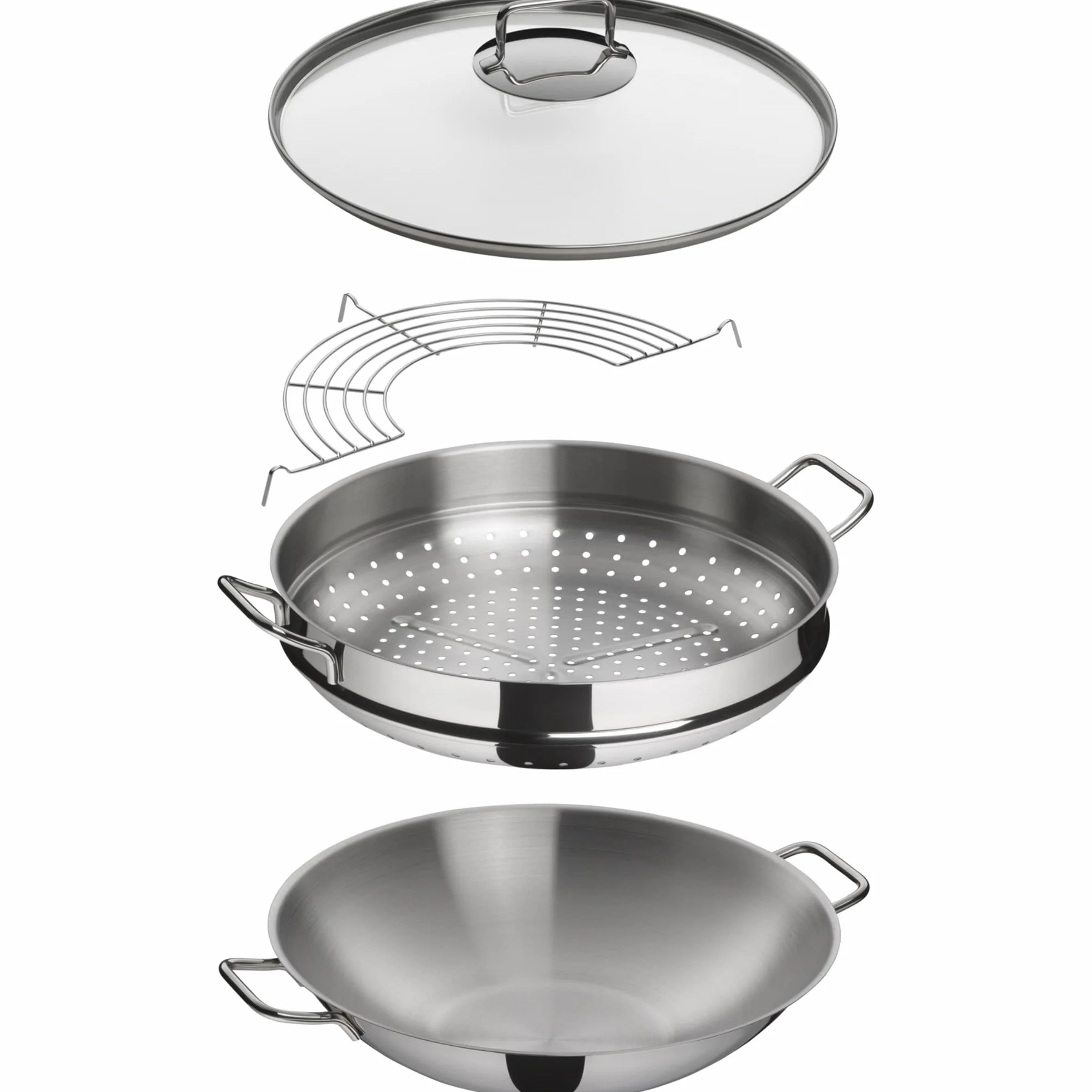WMF Party wok 4-częściowy zestaw do gotowania na wok z pokrywką, 36 cm, 4,5 l, kratka do odkładania, wkładka do amortyzatora ze stali szlachetnej Cromargan, polerowana, niepowlekana, indukcyjna