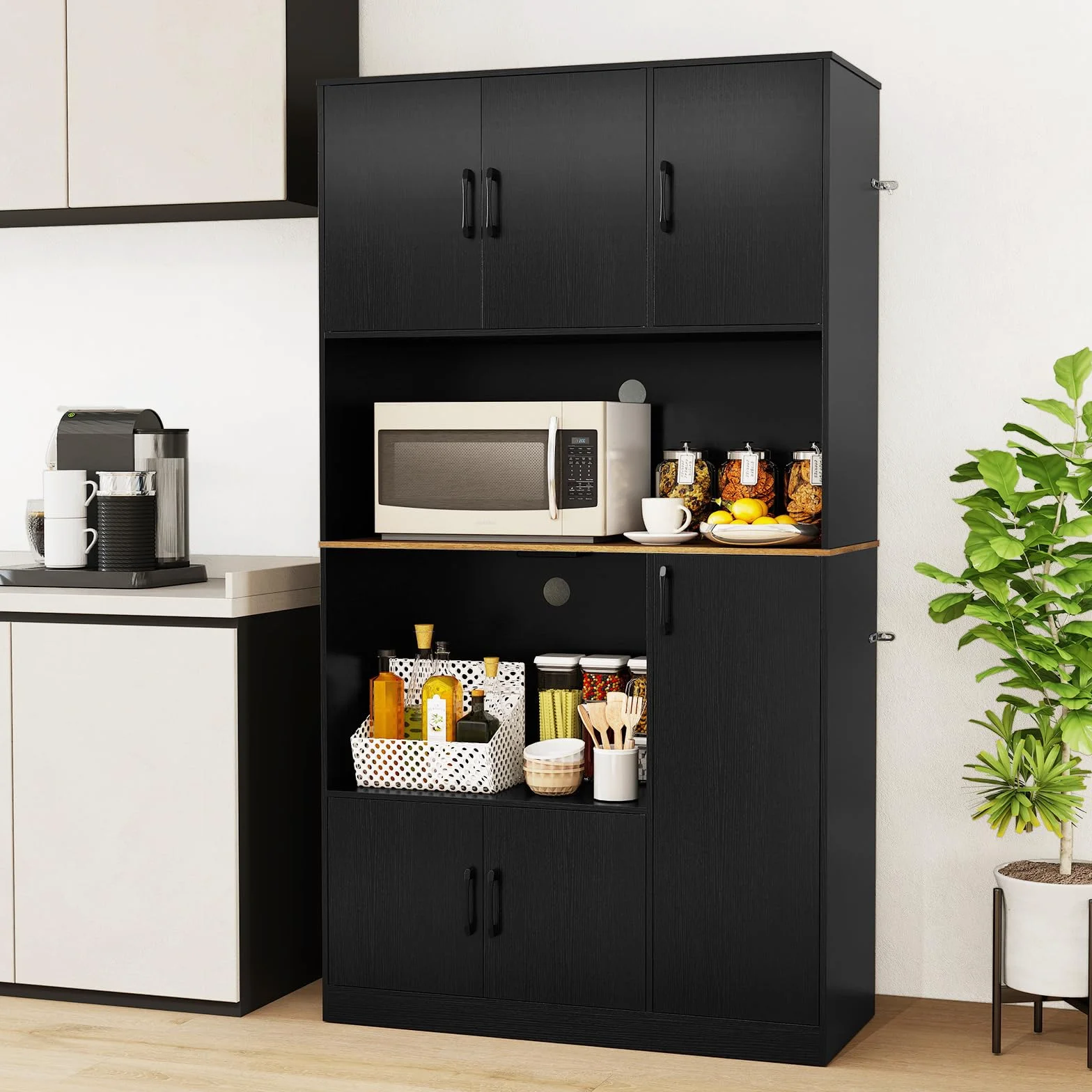 COSTWAY Drewniana szafka kuchenna z gniazdkiem, wysoka 100x40x180 cm czarna