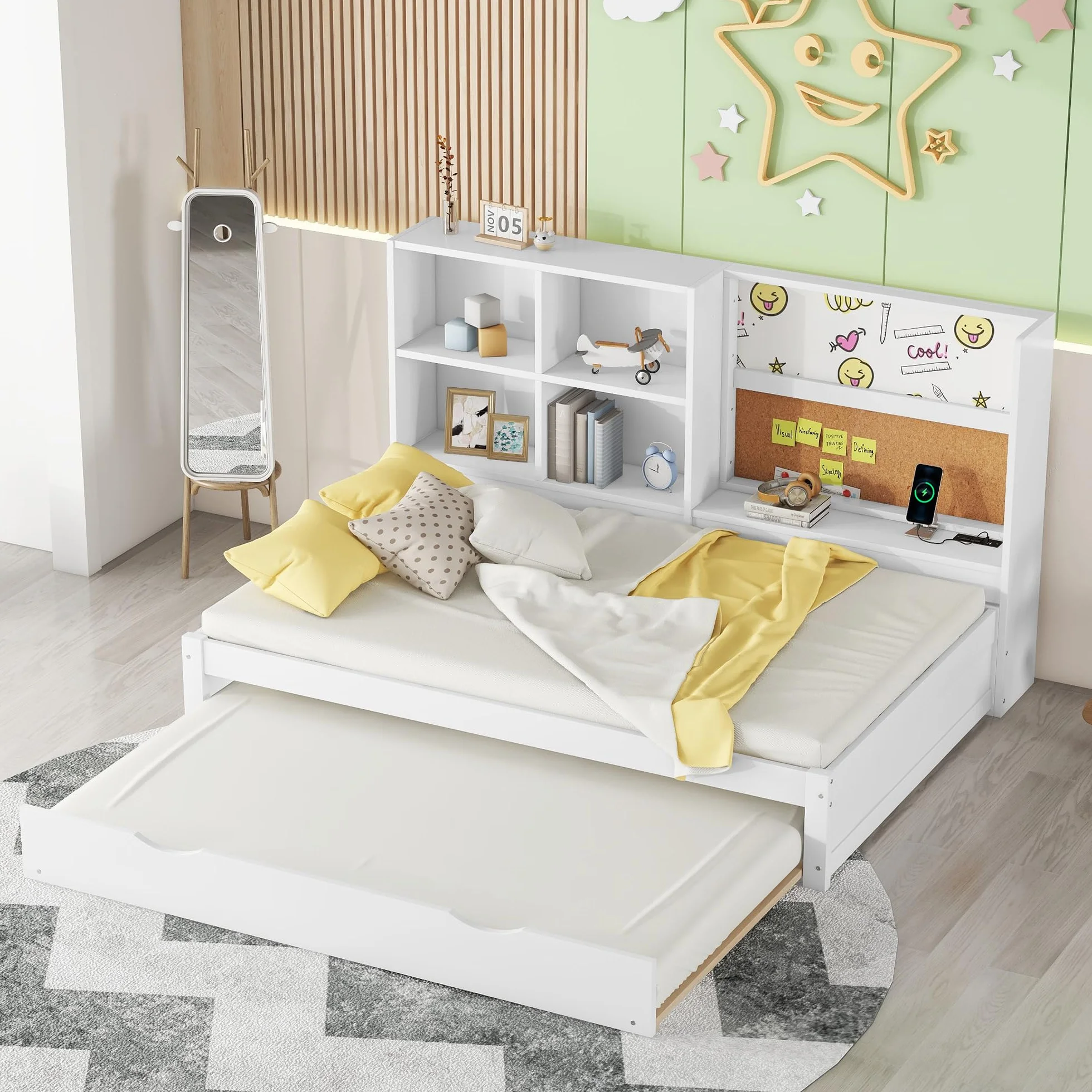 Łóżko wysuwane 90 x 200 cm, łóżko wysuwane do podwójnego łóżka 180 x 200 cm, nośność 120 kg, łóżko dzienne, sofa z funkcją spania z wieloma schowkami i deską kreślarską (białe)