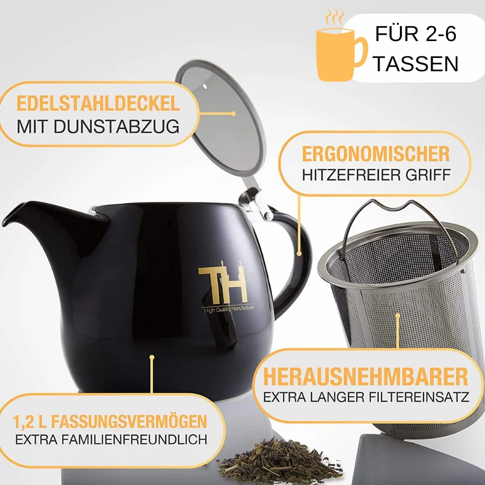 Thiru Design dzbanek do herbaty z wkładem cedzakowym ze stali nierdzewnej 1,2L - Ręcznie robiona ekskluzywna dzbanka do herbaty z porcelany - nowa pokrywka - wkład cedzakowy można usunąć - model 2023