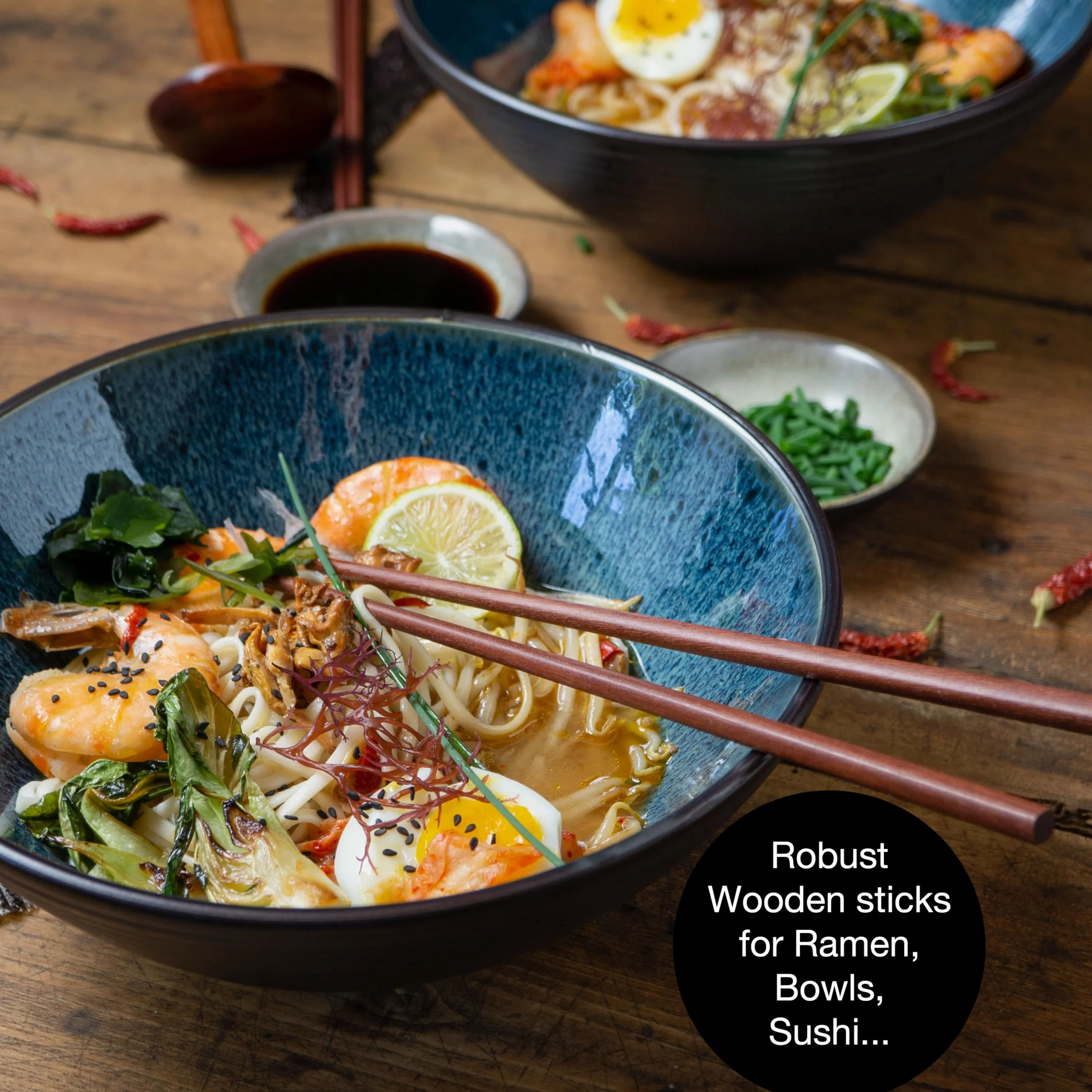 Moritz & Moritz SOLID Ceramiczna Miska Ramen 800-1300 ml Ø 24 cm Niebieski Zestaw dla 2 Osób z Pałeczkami i Łyżeczką