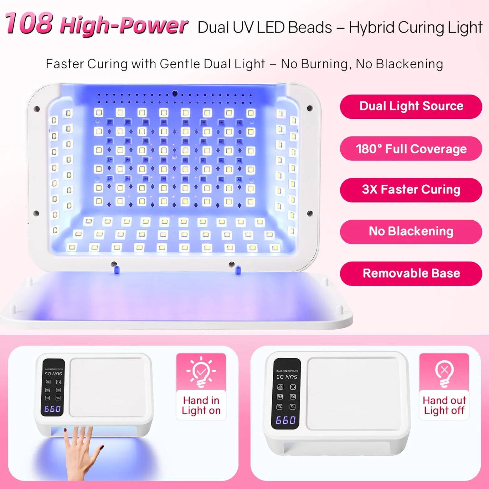 Lampa do paznokci UV LED do lakieru żelowego z 140 diodami LED, konstrukcja dwuręczna, pielęgnacja skóry, czujnik automatyczny, wyświetlacz LCD, 4 timery, profesjonalna szybka suszarka do paznokci i