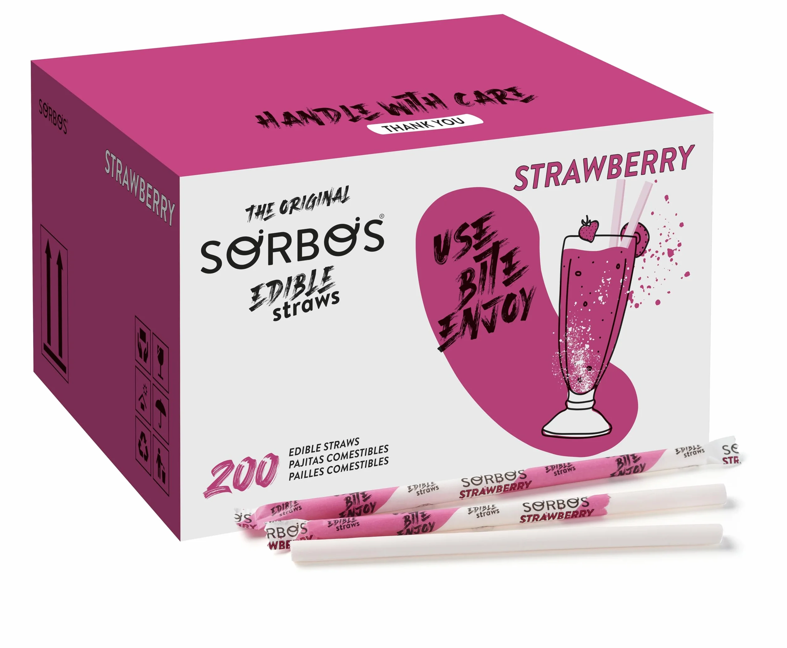 Sorbos - Jadalne słomki o smaku truskawkowym. Zrównoważone, pakowane pojedynczo, bez alergenów, bezglutenowe, w 100% biodegradowalne (200 sztuk)