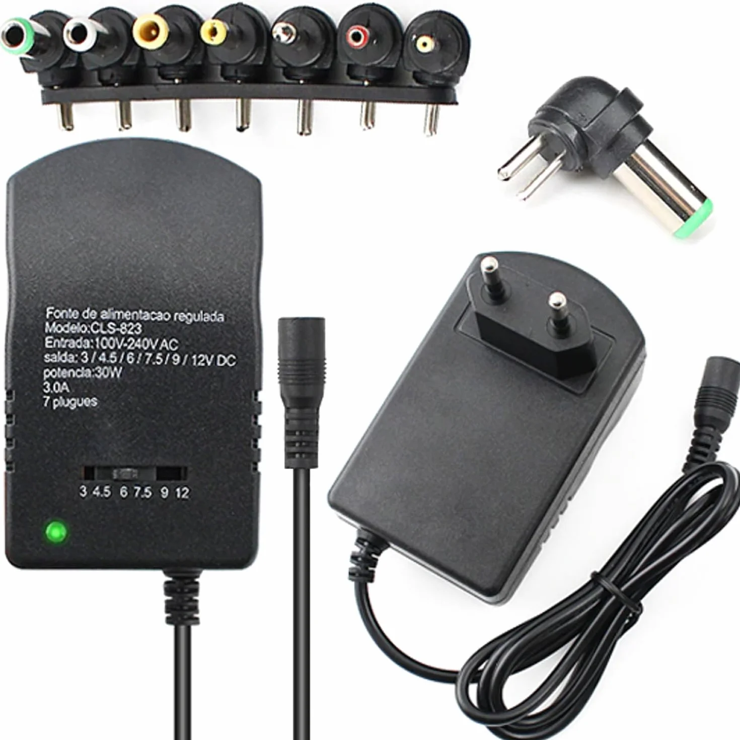 Retoo Zasilacz sieciowy uniwersalny regulowany12 V z 7 wymiennymi końcówkami, 3 V 4,5 V 5 V 6 V 7,5 V 9 V 12 V adapter, ładowarka z kablem do ładowania do notebooka, laptopa, Samsunga, Dell