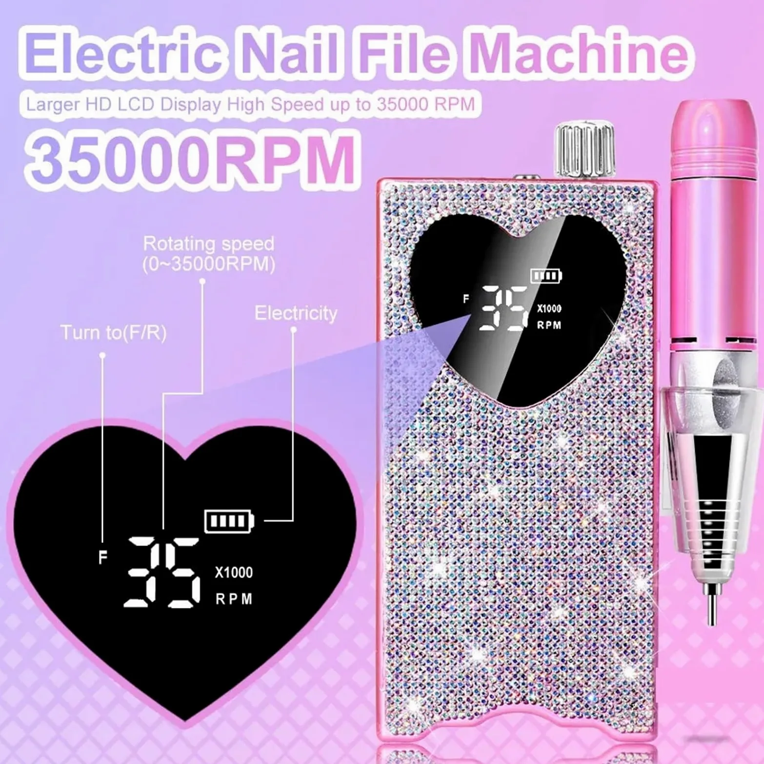 Akumulatorowa lampa UV LED do paznokci o mocy 96 W i frezarka z diamentowym wzorem w kształcie serca polerowania suszenia manicure Praktyczny(Nail Drill)