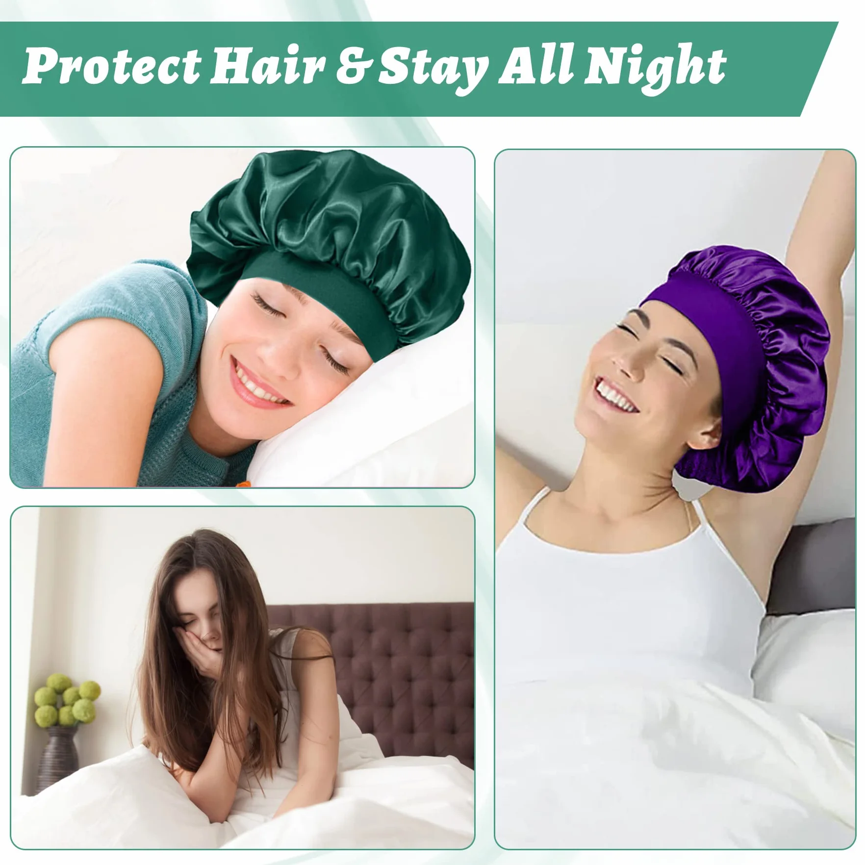4 Stück Satin Haarhaube Nacht Schlafhaube mit 4er Elastische Haargummis, Verstellbare Schlafmütze Satin Bonnet Nachtmütze Haube Duschhaube Schlafkappe Seidenhaube für Damen und Mädchen